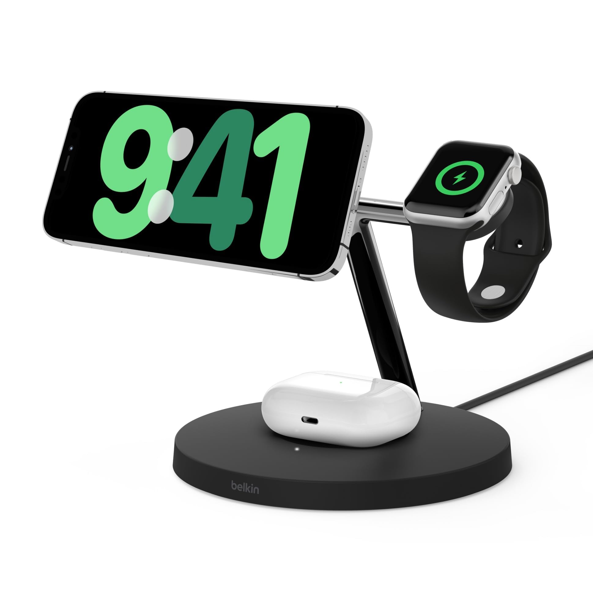 Belkin BoostCharge Pro 3-in-1 Wireless Charger Stand with Qi2 Technology - Fast 15W Charging for iPhone 16/15/14/13/12, Apple Watch & AirPods - Magnetic Charging Pad (Black) | Perfect for Bedside, Office Desk & Travel