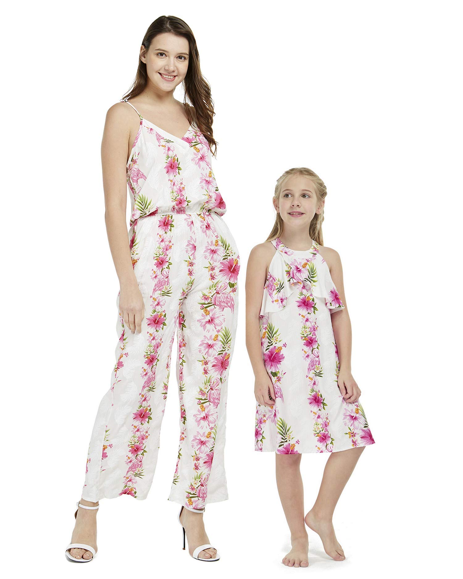 Pink & Black Hibiscus Vine Matching Hawaiian Luau Jumpsuit & Ruffle Dress Set for Mother Daughter - Tropical Beach Party, Family Photo Shoot, Vacation Outfits
