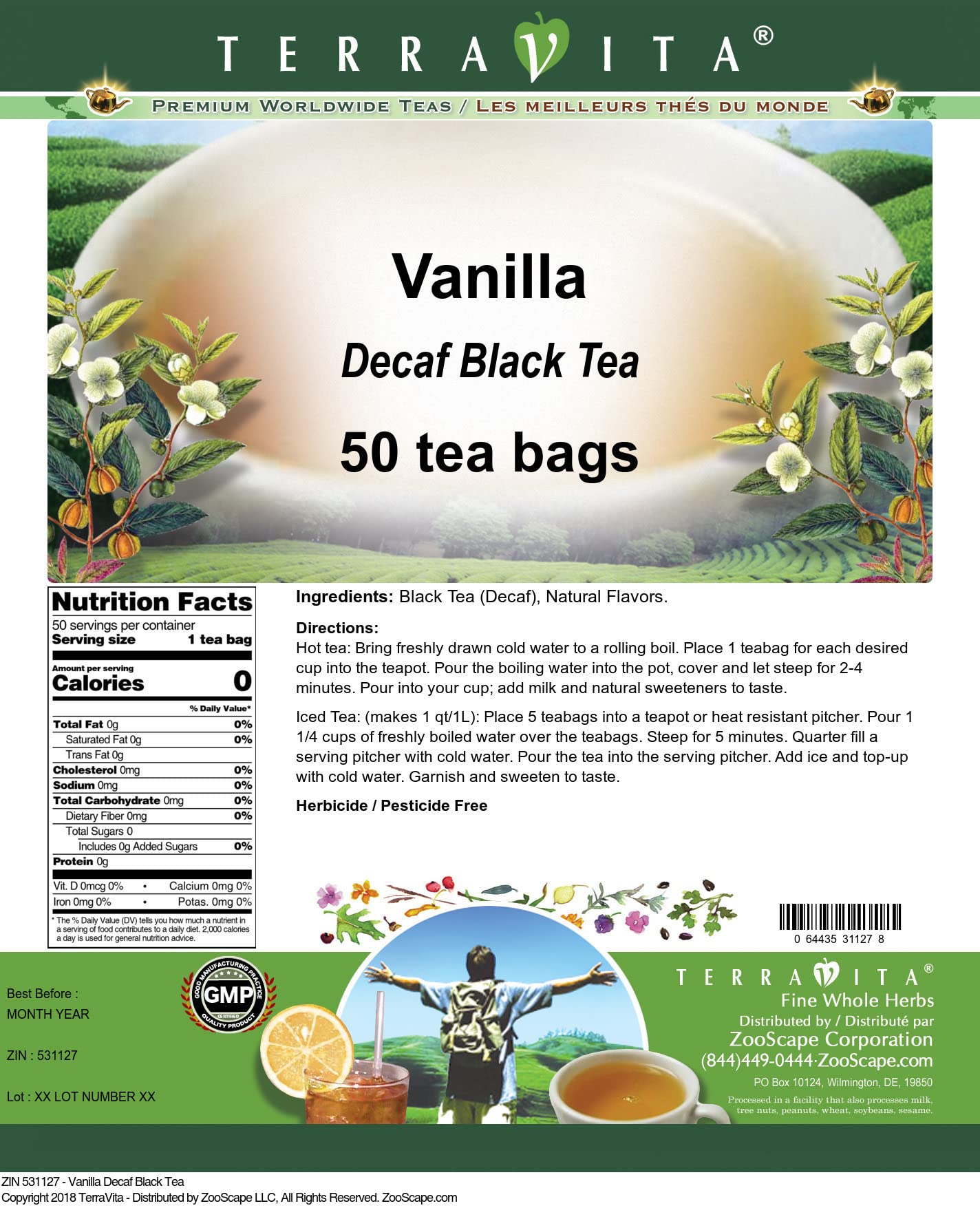 Premium Vanilla Decaf Black Tea Bags - 50 Count | Caffeine-Free | Natural Flavor | Perfect for Relaxation & Evening Tea Time | ZIN: 531127