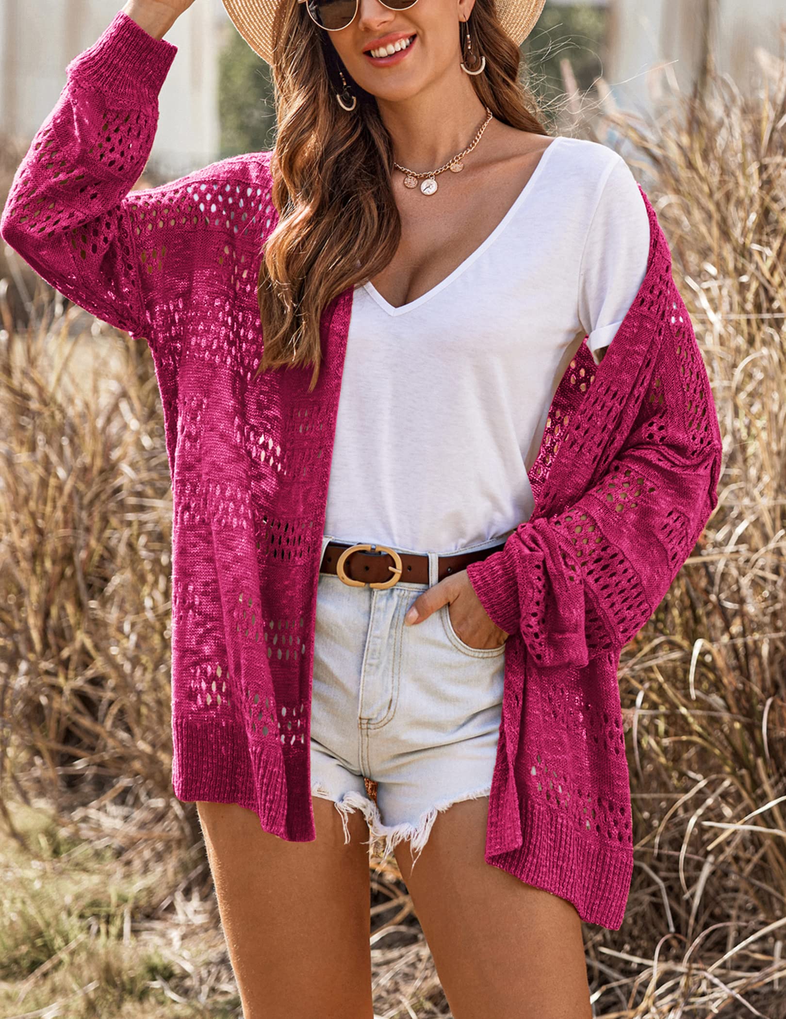 Hotouch Lightweight Crochet Cardigan for Women - Long Sleeve Open Front Knit Oversized Sweater | Perfect for Spring Layering, Beach Cover-Up & Casual Outfits