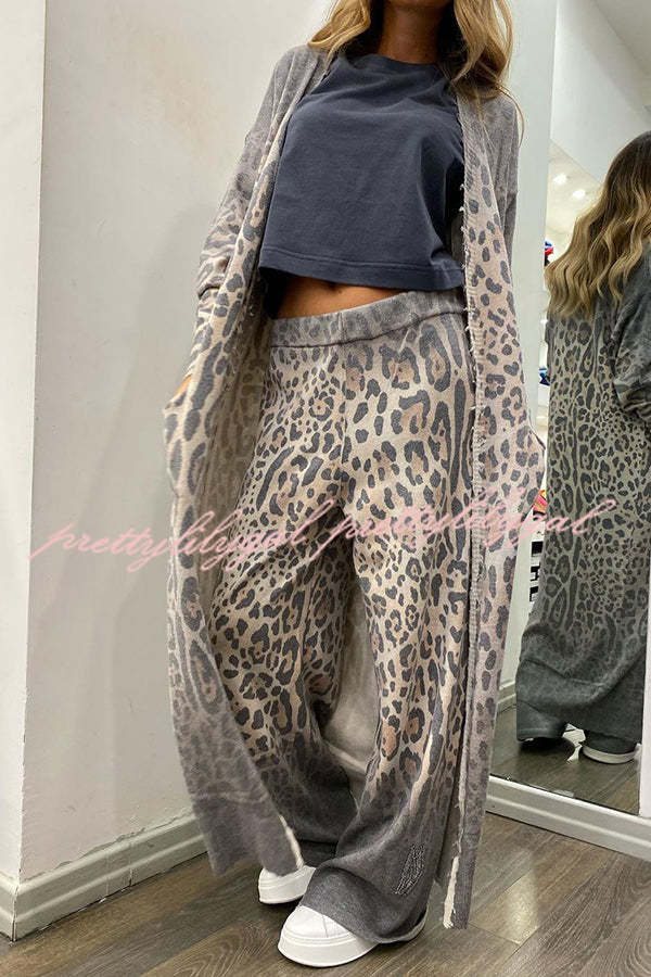 Stylish Leopard Print Cardigan & Elastic Waist Pants Set - Comfortable Long Sleeve Pocket Sweater & Stretchy Lounge Pants for Women | Perfect for Casual Wear, Home Relaxing & Coffee Dates