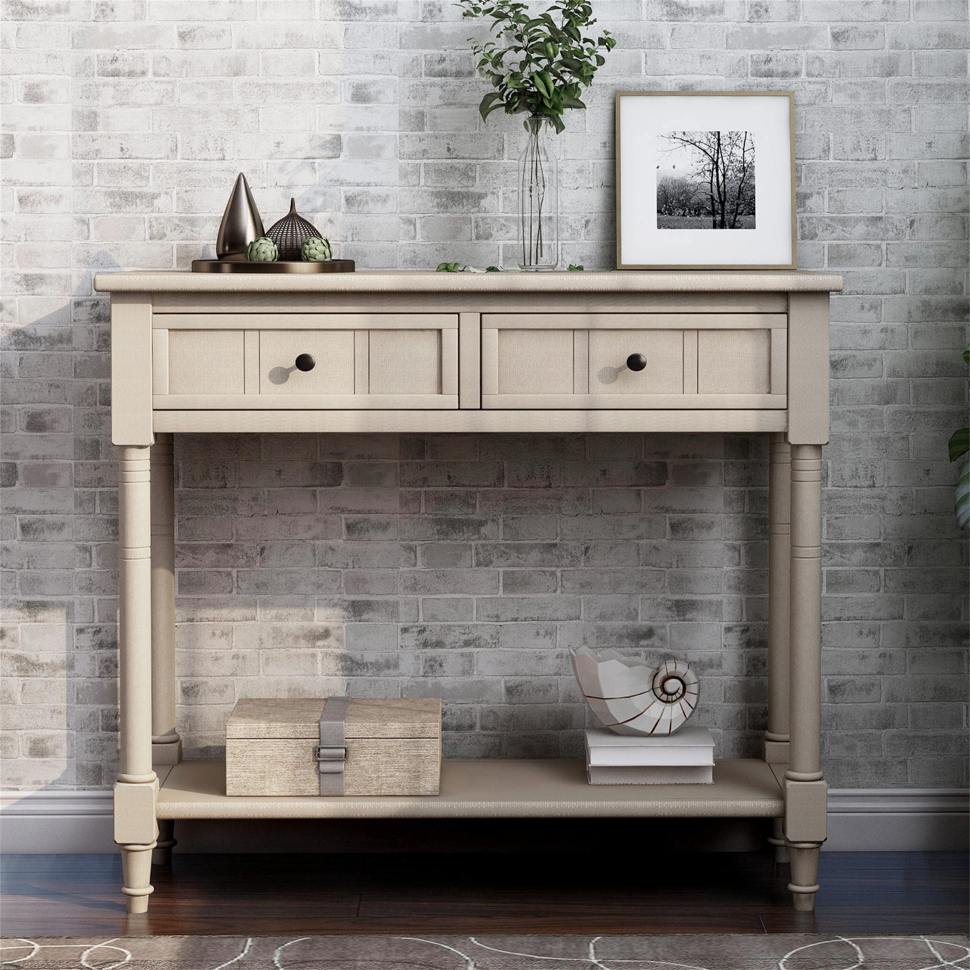 Vintage Daisy Wooden Console Table - Acacia Mangium Sideboard with 2 Drawers & Bottom Shelf, Antique Gray Finish for Living Room, Kitchen, Entryway - Perfect for Home Decor, Storage & Display