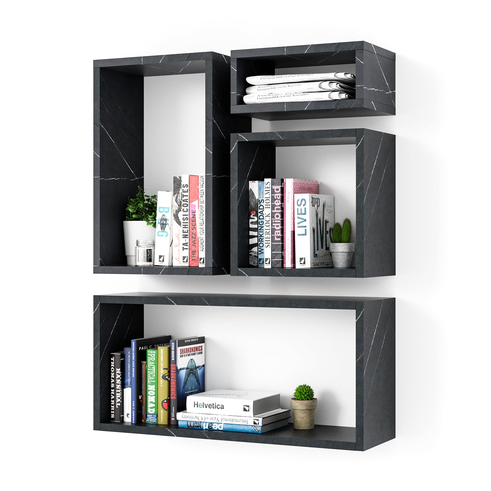 Kaboon 4-Piece Floating Wall Mount Shelf Set - Large Cube Shelves for Home & Office Decor, Space Saving Storage - Cloud Atlas & Black Marble Finish | Perfect for Living Room, Bedroom, Kitchen & Commercial Spaces
