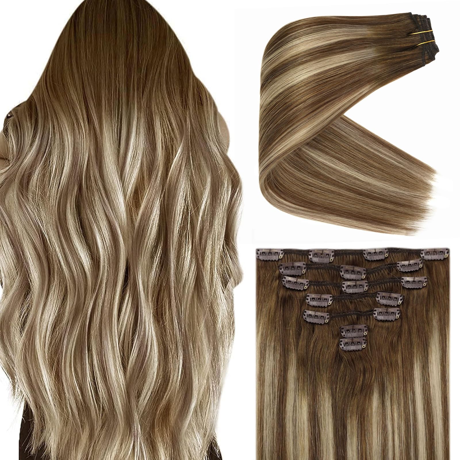 Ve Sunny 18 Inch 7-Piece Clip-In Human Hair Extensions - Balayage Chestnut Brown to Blonde Ombre, Double Weft Remy Hair (120g) for Volume & Length - Perfect for Parties, Weddings & Everyday Styling