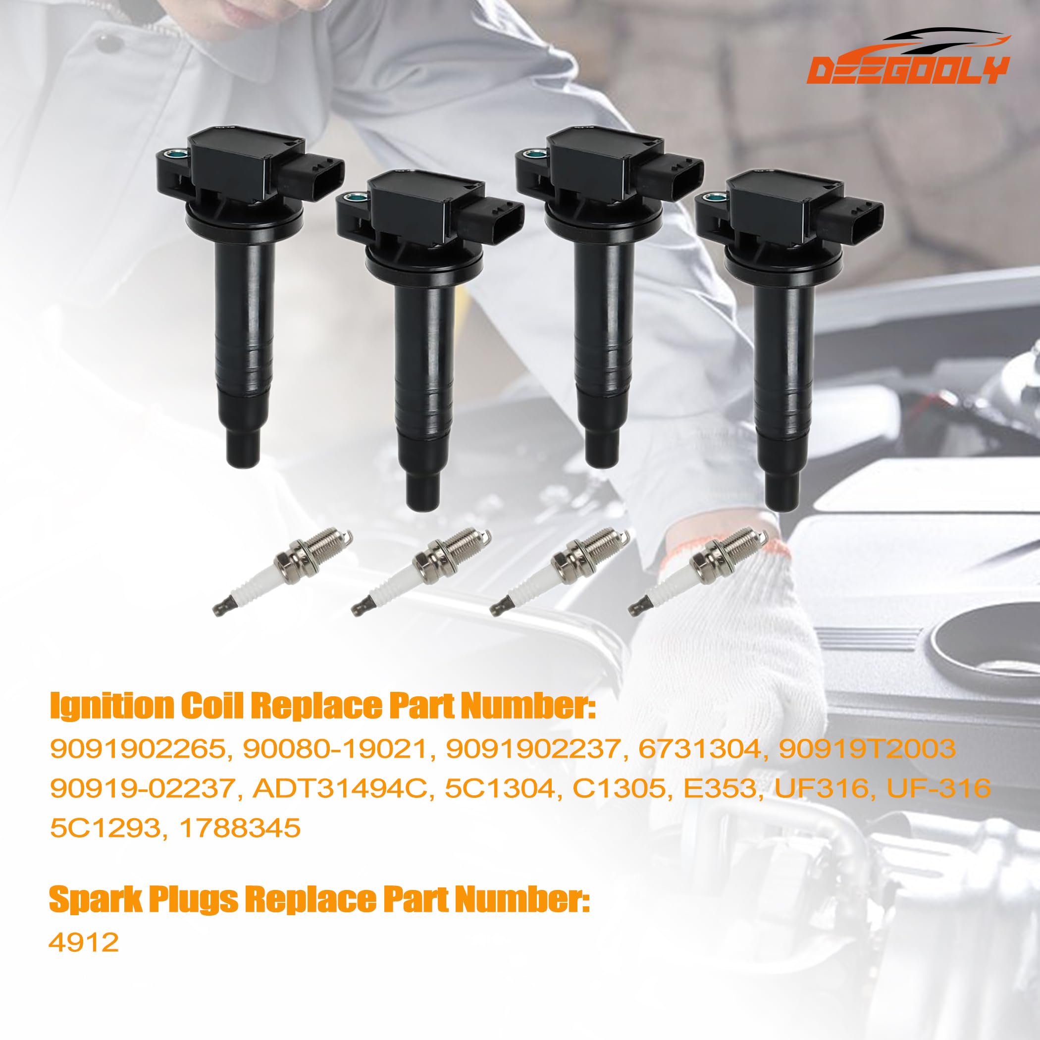 4PCS UF-316 Ignition Coils & BKR5EGP Iridium Spark Plugs Set - Compatible with Toyota Echo, Prius, Yaris, Scion xB 1.5L L4 Engine - Replaces #C1304, 5C1293, E346 - Improve Engine Performance & Fuel Efficiency