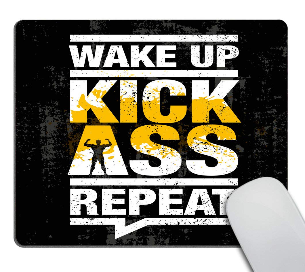 Non-Slip Motivational Mouse Pad for Gym & Workout - 'Wake Up Kick Ass Repeat' Fitness Quote - Comfortable Rubber Computer Mousepad for Office, Gaming & Home Workstation
