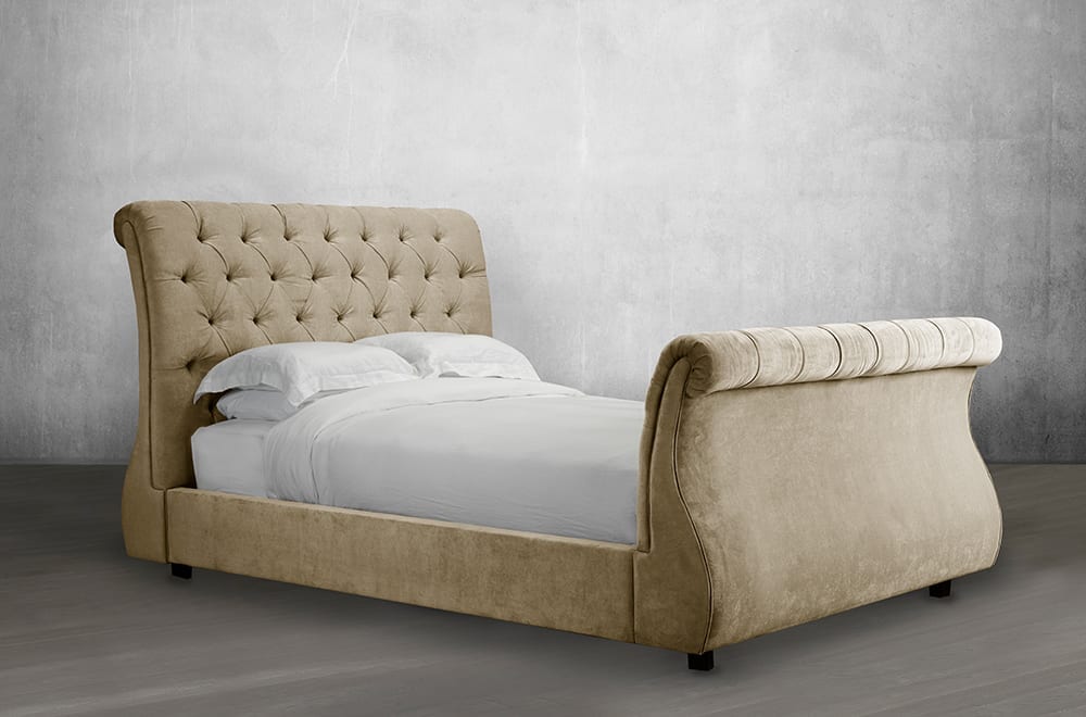 Handcrafted Canadian Sleigh Bed with Deep Pleated Headboard - Elegant Masterpiece for Cozy Bedroom Retreats