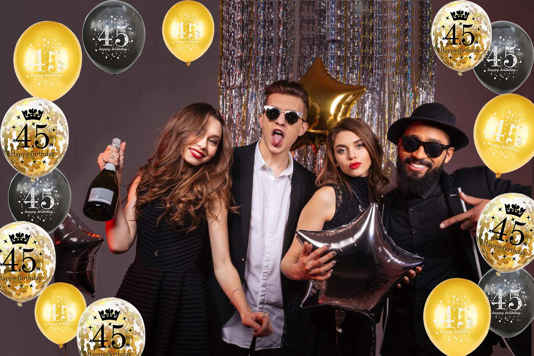 Jonhamwelbor 45th Birthday Balloons - 15pcs 12 Inch Black & Gold Confetti Printed Latex Balloons for Men & Women's 45th Birthday Party Decorations - Perfect for Anniversary Celebrations, Milestone Parties & Photo Backdrops