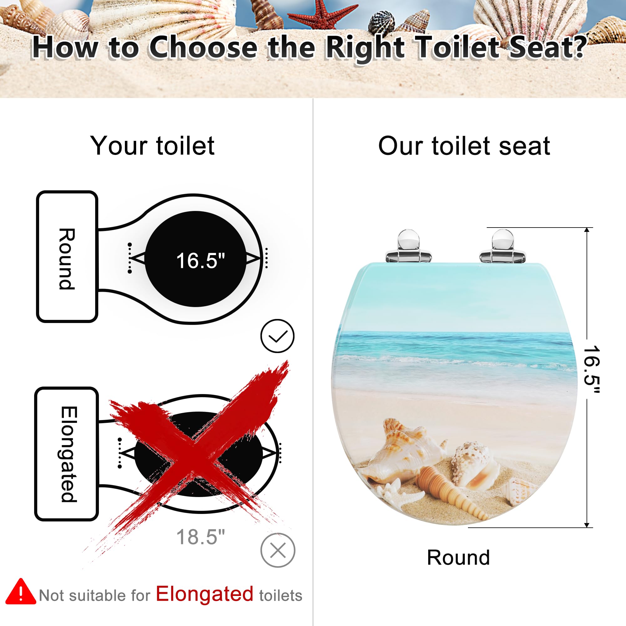 Angol Shield Round Toilet Seat - Molded Wood Toilet Seat with Soft Close Hinges & Quick Release, Easy Installation & Cleaning (Round, Beach) - Perfect for Bathrooms, RVs, and Vacation Homes