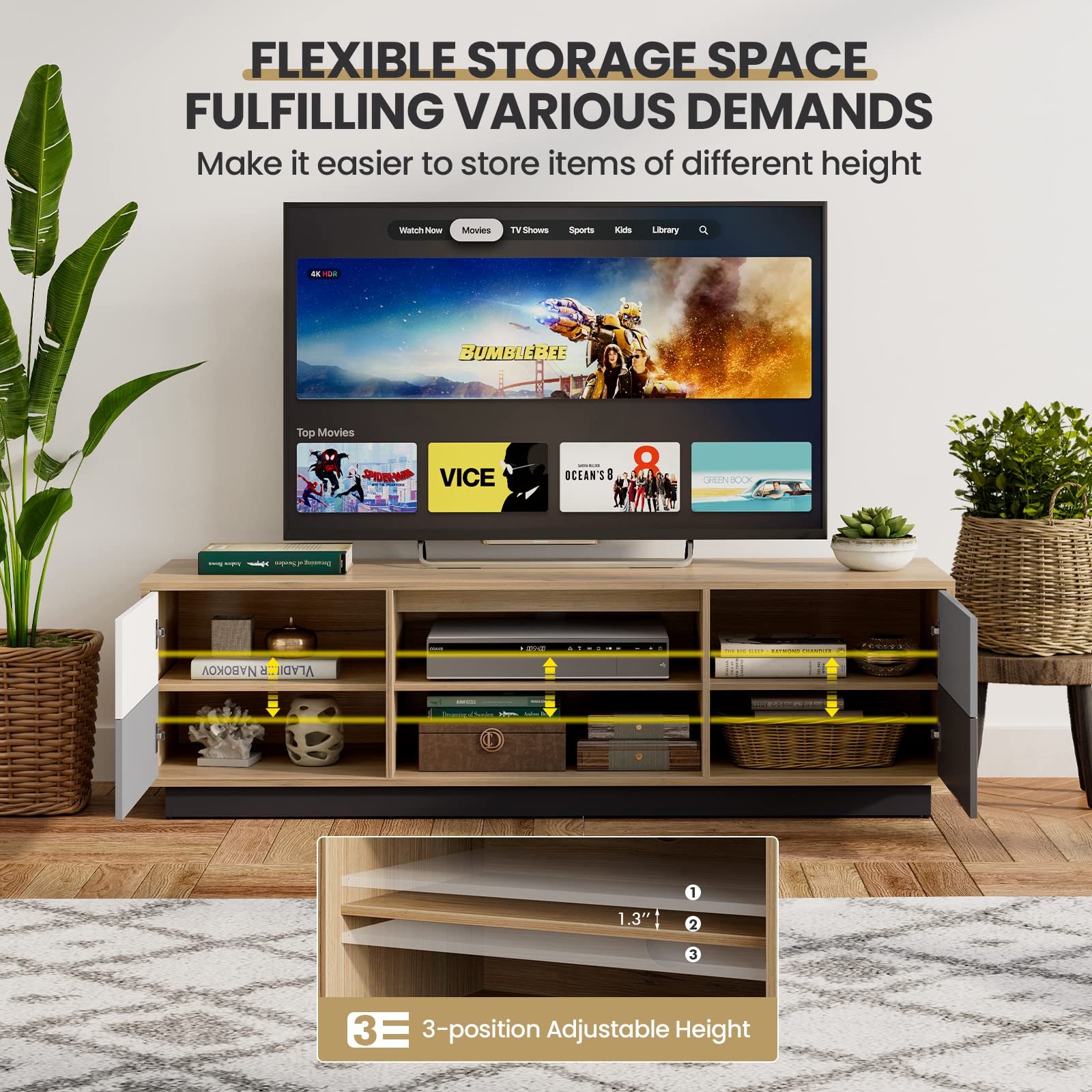 Tangkula 60 Inch Modern TV Stand with 2 Storage Cabinets & 2 Adjustable Shelves - Solid Wood Entertainment Center for Living Room, Bedroom - Cable Management Holes for 55-65 Inch TVs - Perfect for Home Theater & Media Storage