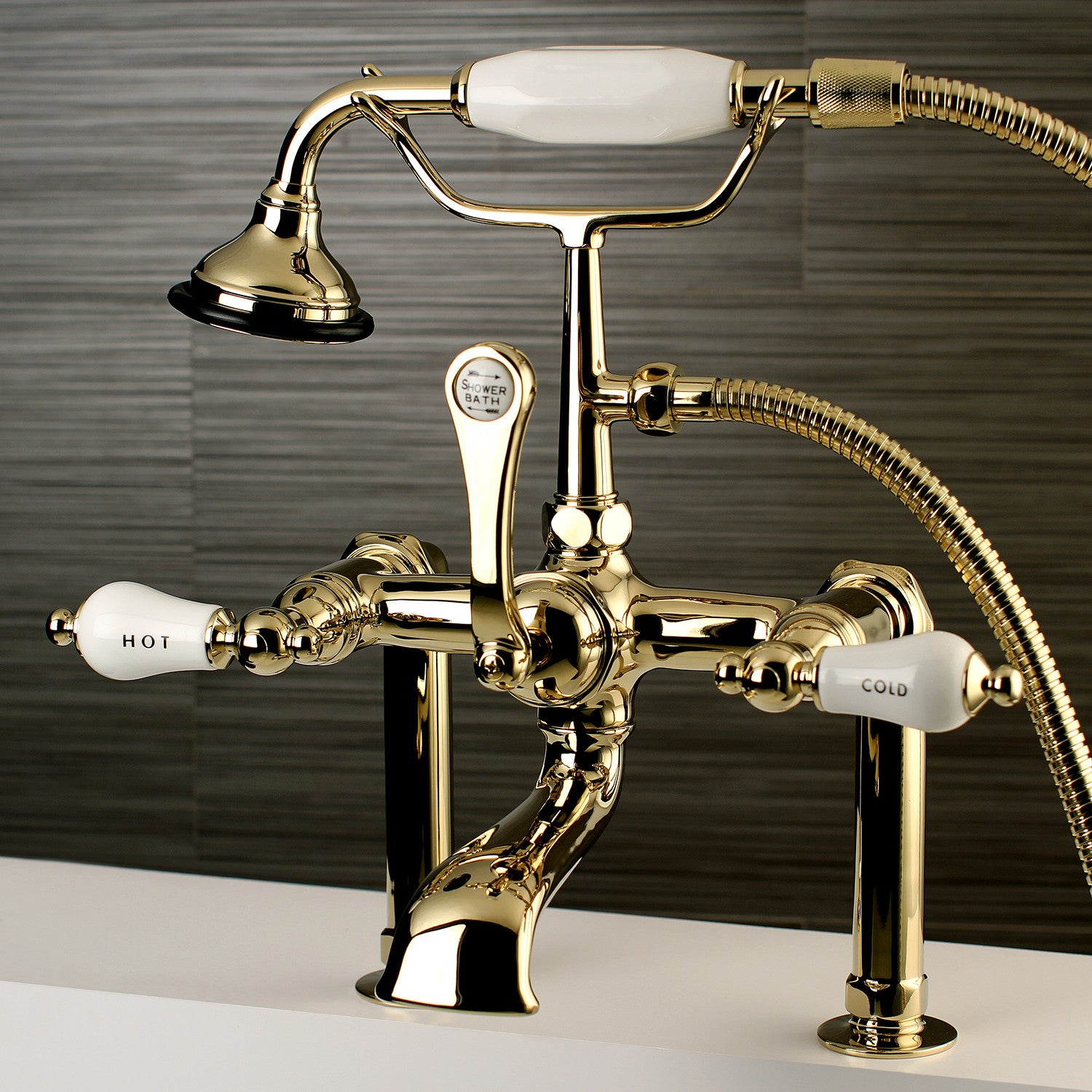 Vintage Clawfoot Tub Faucet with Hand Shower - 3 Handle Deck Mount 2 Hole Polished Brass Bathroom Fixture for Classic & Modern Bathrooms