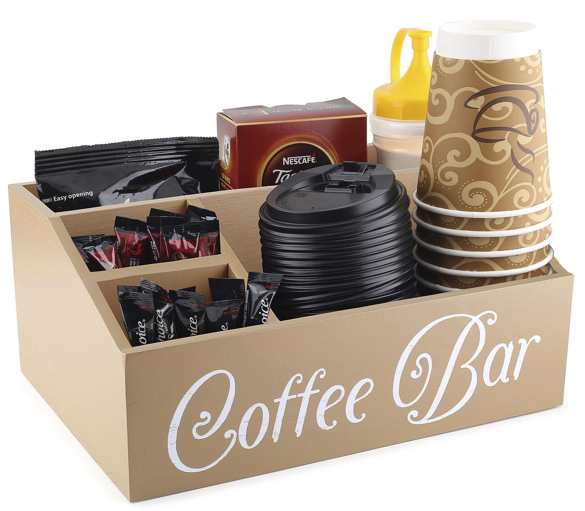 Farmhouse Style Wood Coffee Station Organizer - Countertop & Desk Coffee Bar Accessories Holder for Cups, Pods & More (Beige) | Perfect for Kitchen, Office & Home Decor