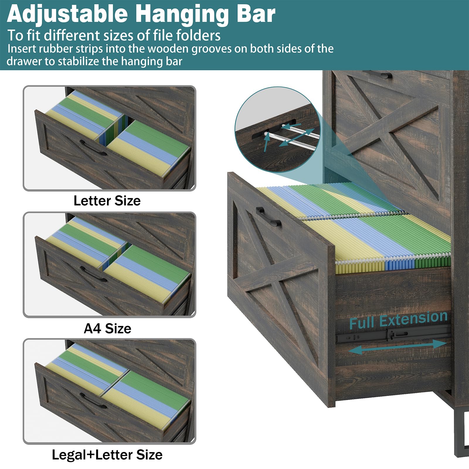 2-Drawer Lateral File Cabinet with USB Charging Station - Legal/Letter/A4 Hanging File Storage - Modern Farmhouse Wood Office Furniture for Home & Workspace (Dark Rustic Oak) - Perfect for Organizing Documents & Charging Devices in Home Offices, Study Rooms & Small Businesses