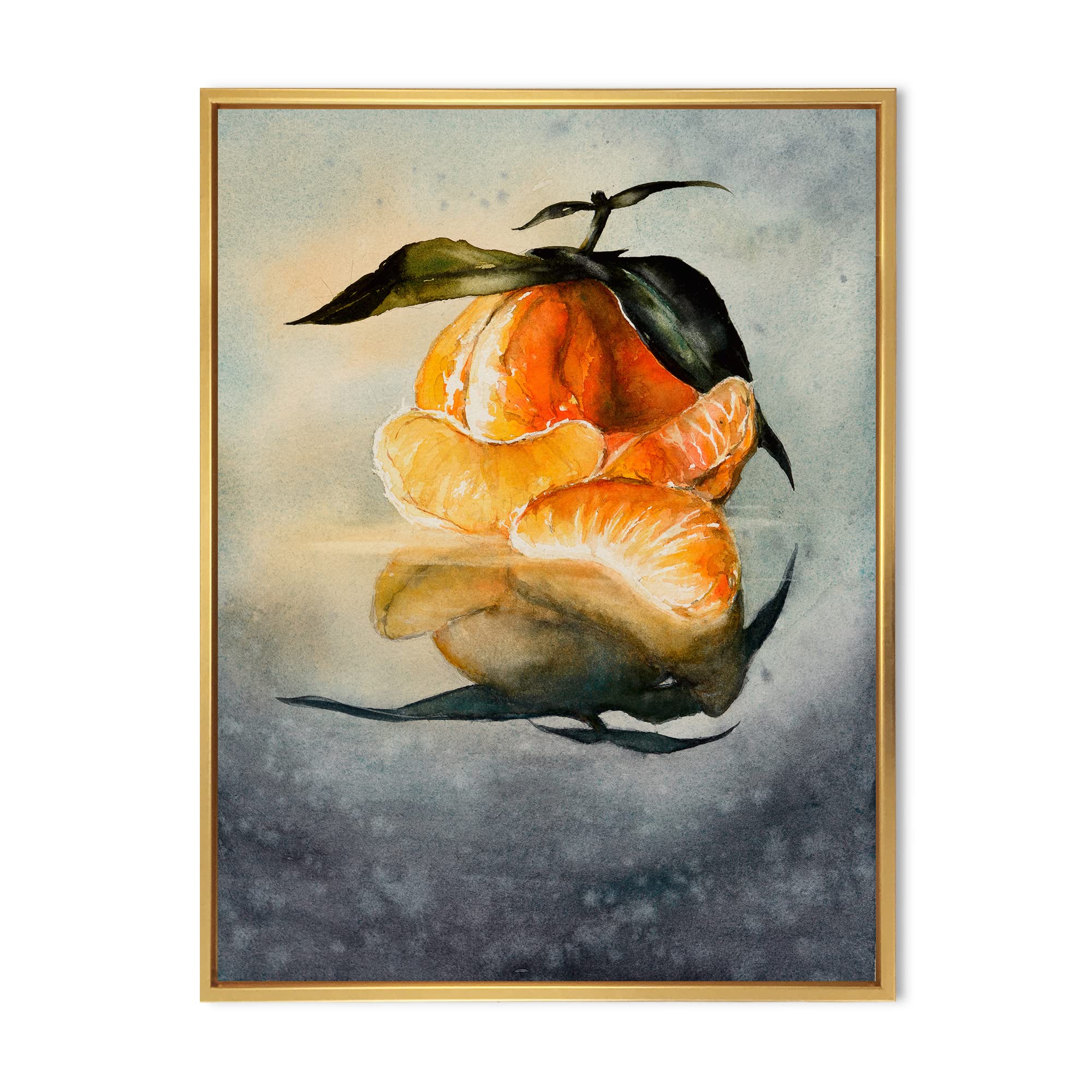 Fresh Peeled Orange Mandarin with Green Leaves - Traditional Framed Canvas Wall Art Print | Home Decor, Kitchen Wall Art, Dining Room Decor