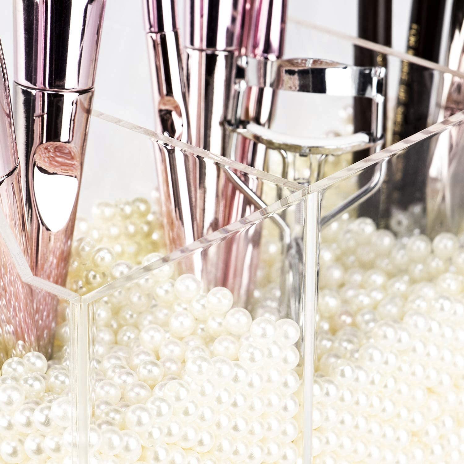 YestBuy Clear Acrylic Makeup Brush Holder with Pearls - Cosmetic Brush Organizer for Vanity, Bathroom & Bedroom Countertop Storage | Perfect for Makeup Artists & Beauty Enthusiasts