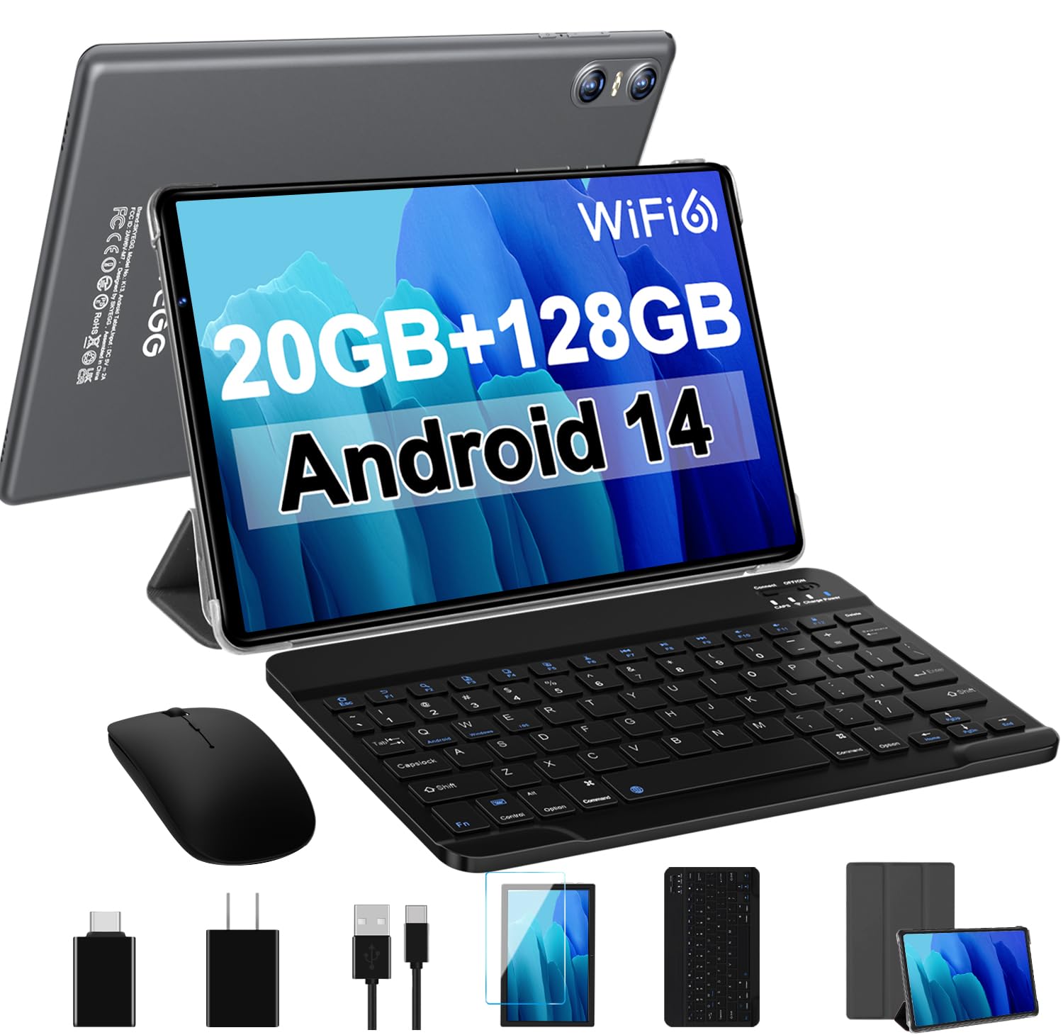 SKYEGG Android 14 Tablet 10.1 Inch - 20GB RAM 128GB ROM 1TB Expandable Storage, Octa-Core Processor, Dual Camera, WiFi 6, GPS, Bluetooth 5.0, 6000mAh Battery - Includes Keyboard & Mouse (Gray) - Perfect for Work, Study, and Entertainment