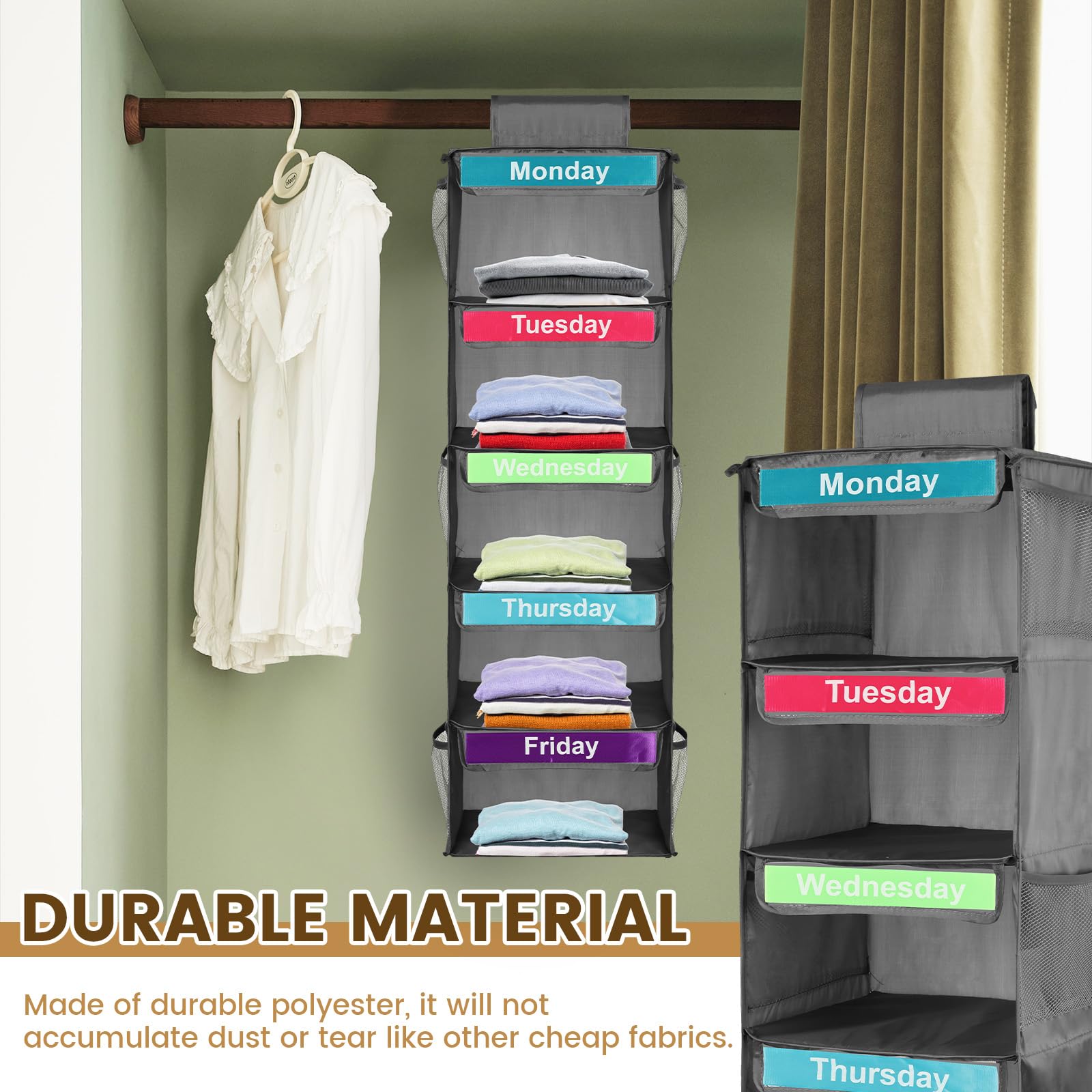 Kids Weekly Clothes Organizer - 7-Day Over The Door Hanging Storage for Closet | Monday to Friday Children's Clothing Organizer for Shirts, Hats & Accessories (Grey) | Perfect for School Outfits & Daily Wardrobe Planning