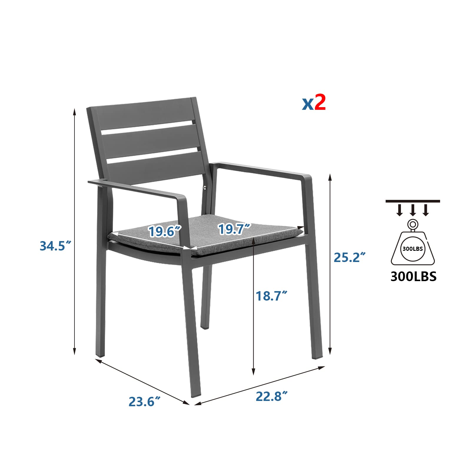 2-Piece Stackable Patio Dining Chairs Set - Aluminum Frame Outdoor Armchairs with Wide Seats for Backyard, Garden, Poolside & Deck - Grey Weather-Resistant Chairs