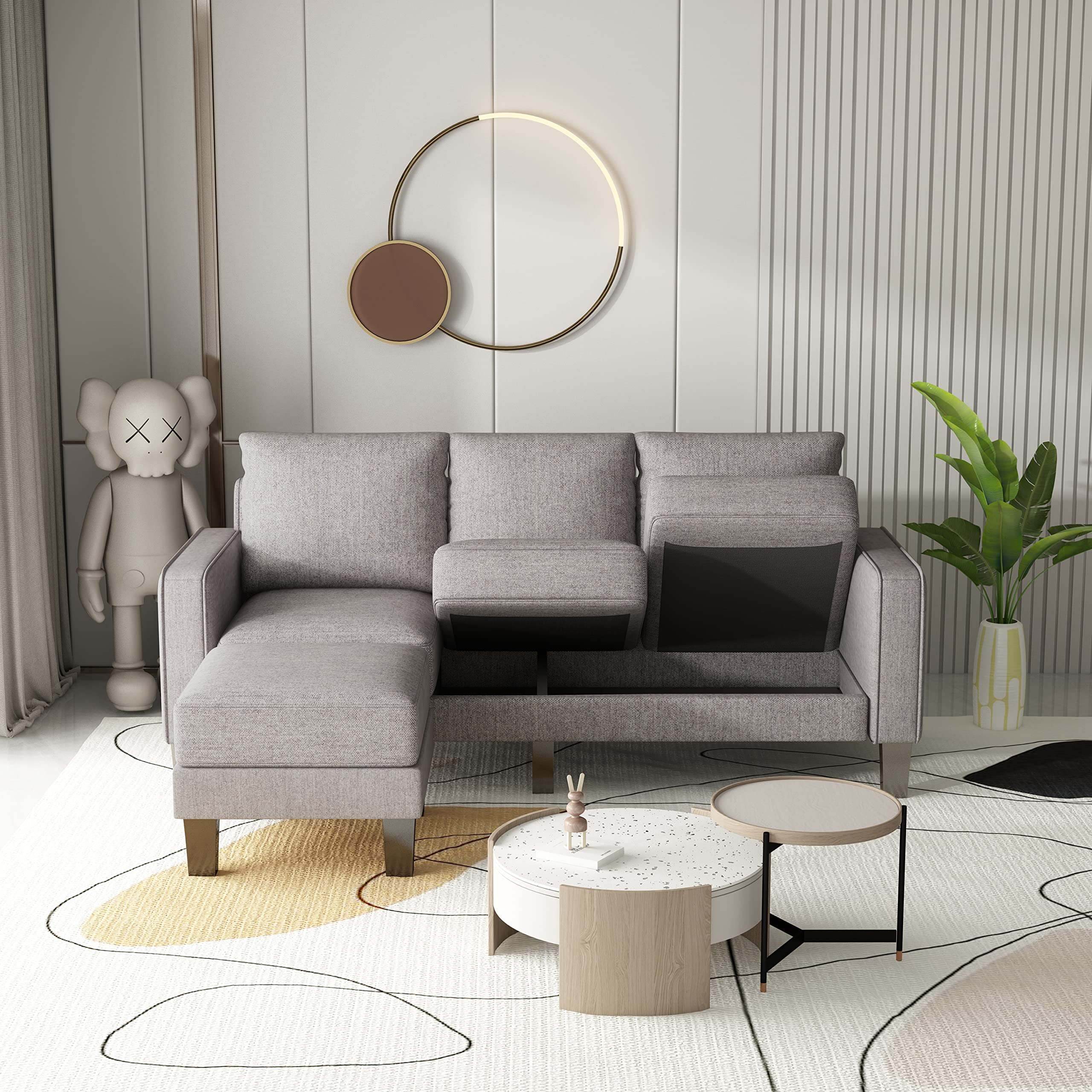JUSTONE Convertible Sectional Sofa Couch - Modern L-Shaped 3-Seat Reversible Chaise Sofa for Living Room, Apartment & Small Spaces | Easy Assembly Light Grey Fabric | Perfect for Family Gatherings, Movie Nights & Compact Home Decor