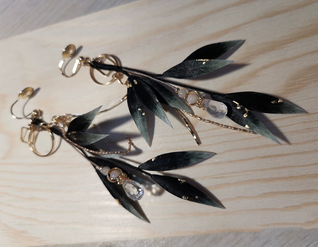 Handmade Black Silk Leaf Earrings for Women - Elegant Bespoke Floral Dangle Earrings for Parties, Weddings & Special Occasions