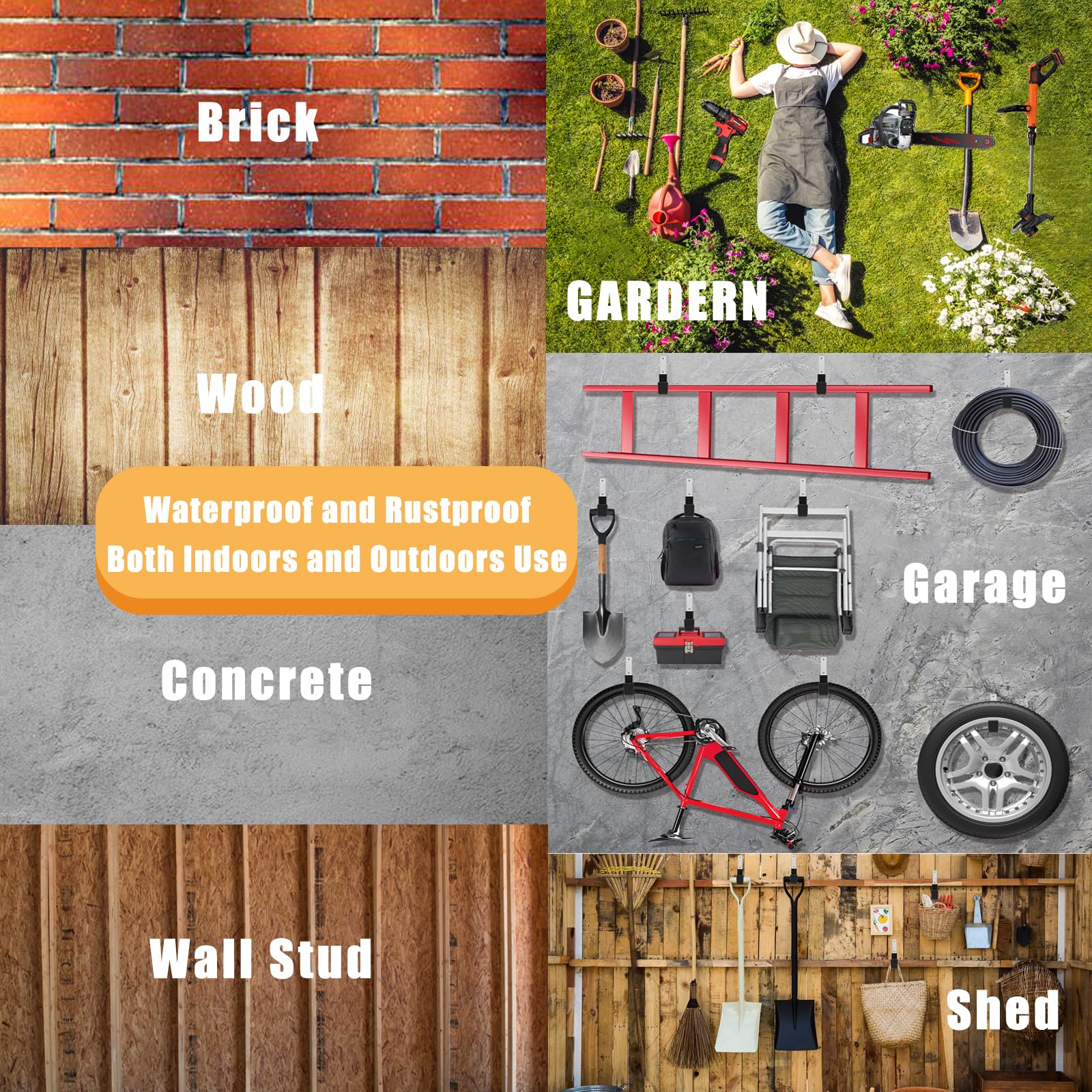 Heavy Duty Garage Wall Hooks - 6 Pack Utility Hooks for Bike, Ladder, Hose & Leaf Blower Storage - Durable Metal Wall Mount Organizer for Garage, Shed & Workshop Organization (2 Small, 2 Medium, 2 Large)