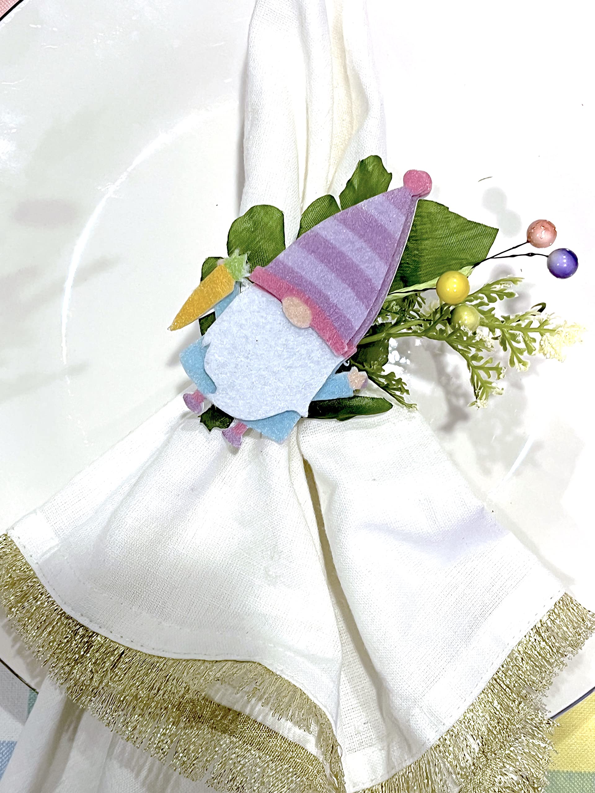 Easter Gnome Napkin Rings Set of 6 - Spring Floral Decor with Pink, Green, Blue & Yellow Bunnies - Perfect for Easter Table Settings, Spring Parties & Home Decor