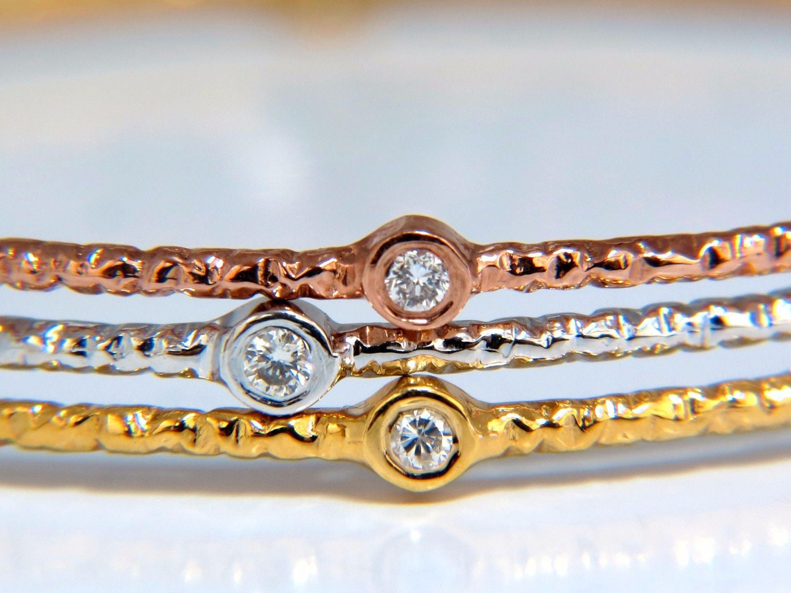 0.96CT Round Diamond Stacking Bangle Bracelet - 14K Gold Hammered Rustic Finish for Women - Perfect for Layering, Everyday Wear & Special Occasions