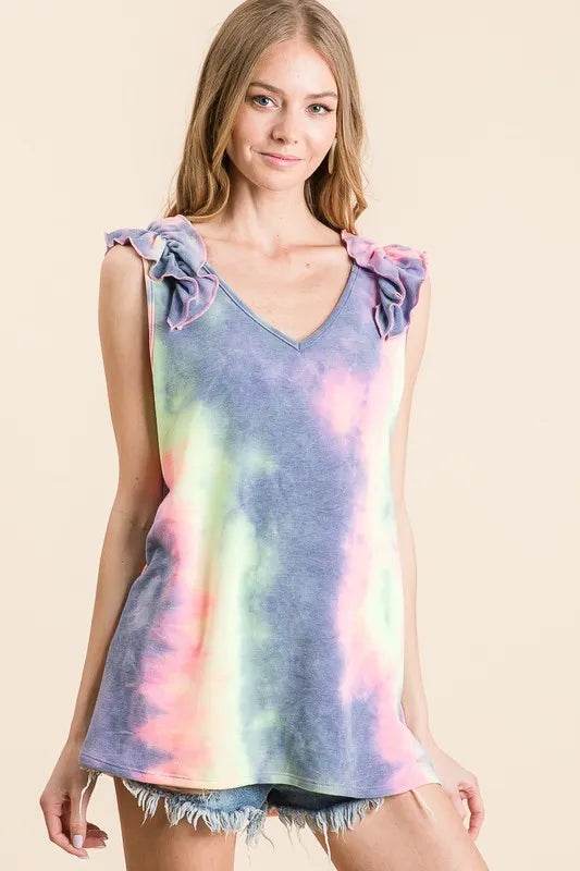 BiBi Tie Dye French Terry V-Neck Ruffle Top for Women | Soft Casual Blouse for Spring & Summer | Perfect for Beach Outings, Brunch Dates, and Weekend Wear