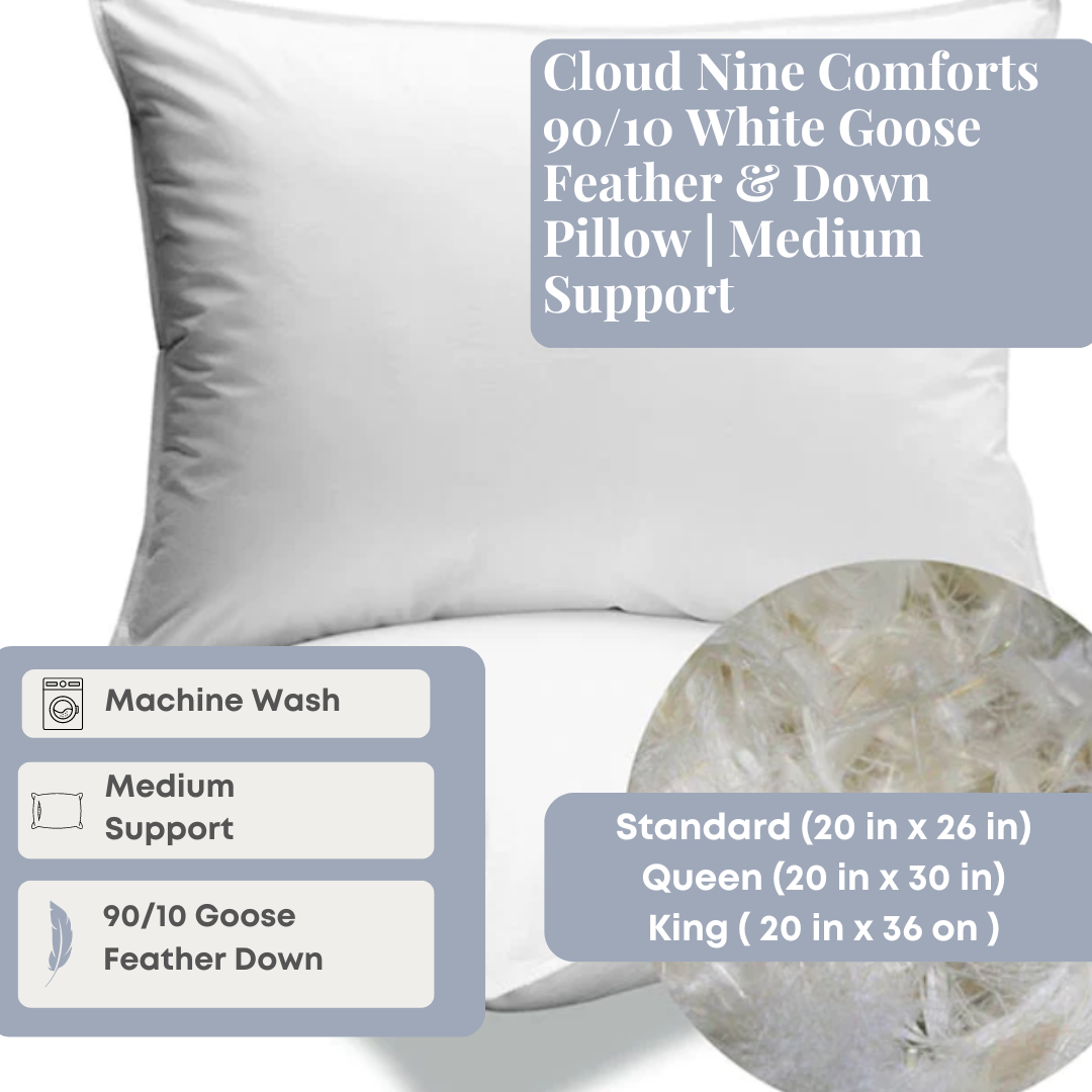 Cloud Nine Comforts 90/10 White Goose Feather & Down Pillow - Medium Support for Neck Pain Relief - Perfect for Side Sleepers & Back Sleepers - Luxury Hotel Quality Bedding for Ultimate Comfort