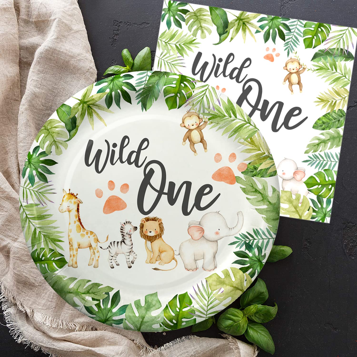 Wild One Birthday Party Supplies - Safari Animal Jungle Theme Tableware Set (Plates, Cups, Napkins, Tablecloth, Straws, Cutlery) for 24 Guests - Perfect for Baby Shower, 1st Birthday & Jungle Themed Parties
