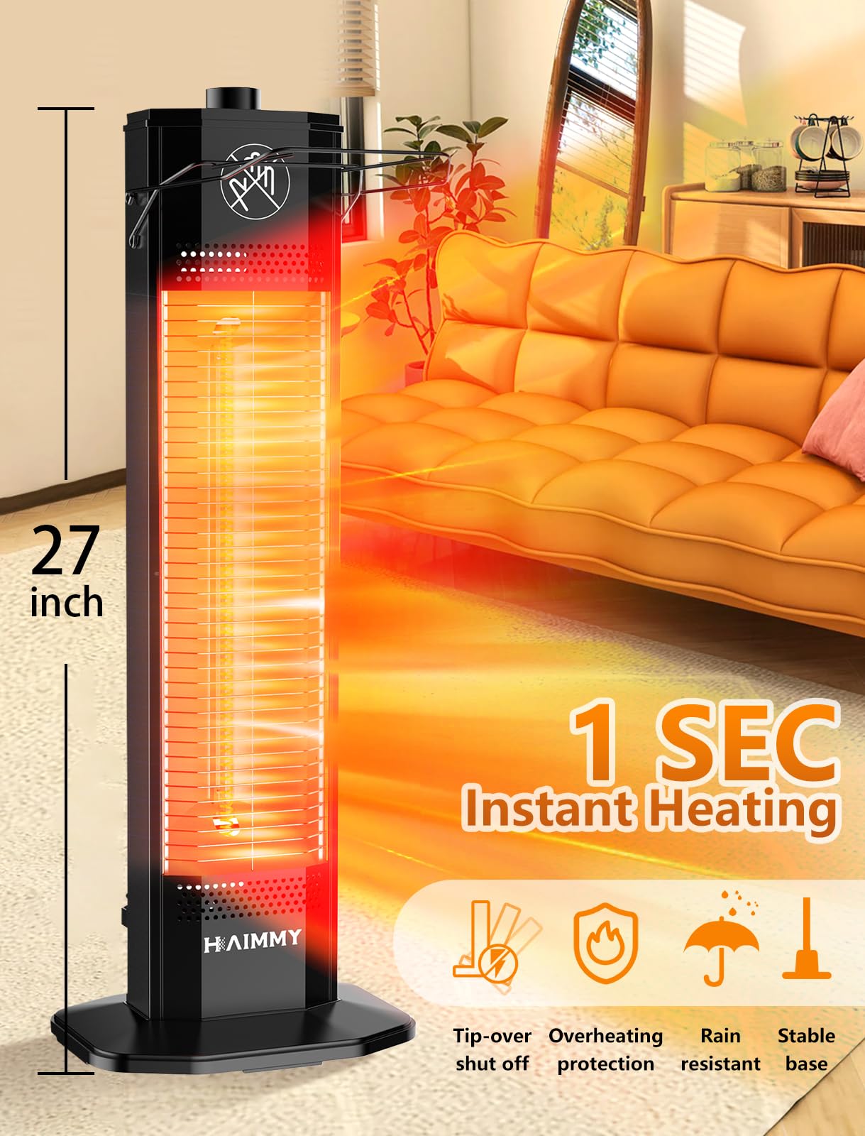 Haimmy 27-inch Outdoor Electric Patio Heater - 1200W Instant Heating with 2 Heat Levels, Tip-Over & Overheat Protection, IPX5 Waterproof - Perfect for Backyard, Deck, Garden, and Outdoor Dining Areas