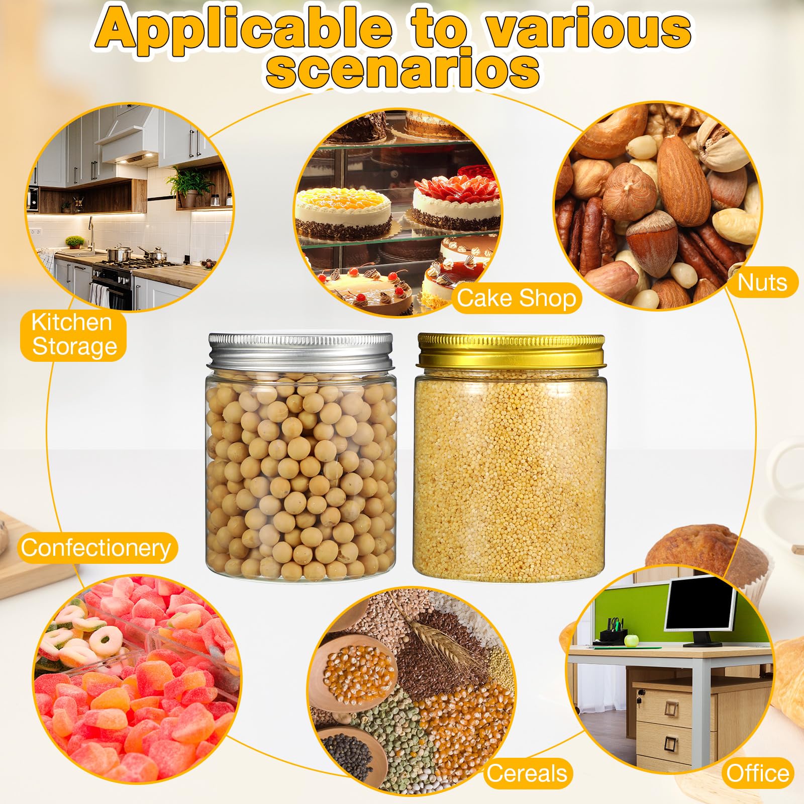 Tanlade 50 Pack 8 oz Clear Round Plastic Jars with Airtight Lids - Small Refillable Food Storage Containers for Kitchen, Pantry, Spices, Candy, Crafts & DIY Organization (Gold & Silver)