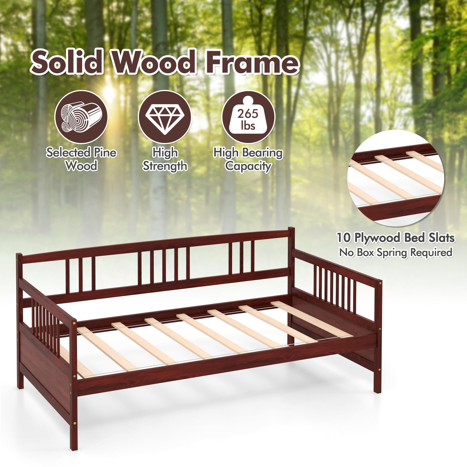KOMFOTT Solid Wood Twin Daybed Frame with Wooden Slats Support - No Box Spring Needed - Sturdy Sofa Bed for Bedroom, Living Room & Guest Room - Perfect for Small Spaces & Multi-Purpose Use (Mattress Not Included)