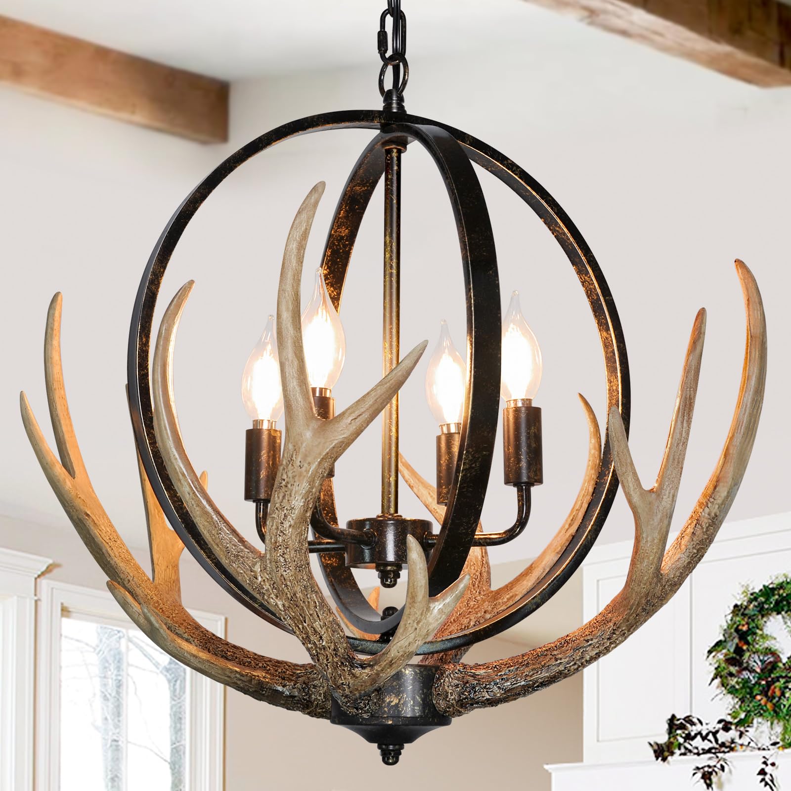 Vintage Antler Chandelier - 4-Light Rustic Farmhouse Lighting with Resin Antlers & Metal Globe Shades - Perfect for Dining Room, Kitchen, Entryway or Living Room Decor - Creates Cozy Cabin Ambiance for Family Gatherings