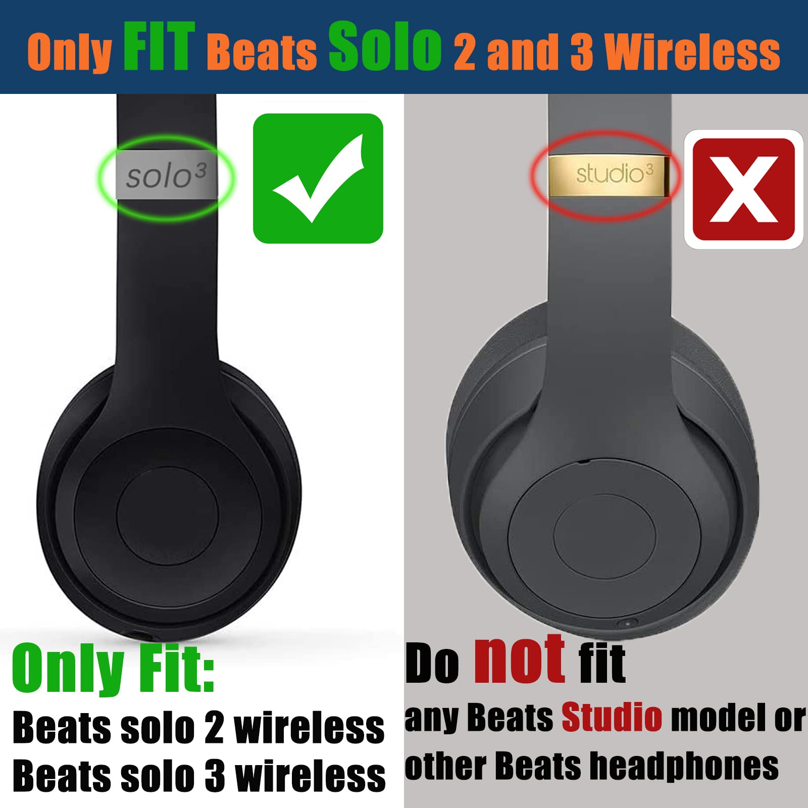 Premium Replacement Ear Pads for Beats Solo 2 & 3 Wireless Headphones - Noise Isolating Memory Foam Cushions with ECO Protein Leather & Strong Adhesive Tape (Black) - Perfect for Music, Gaming & Travel Comfort