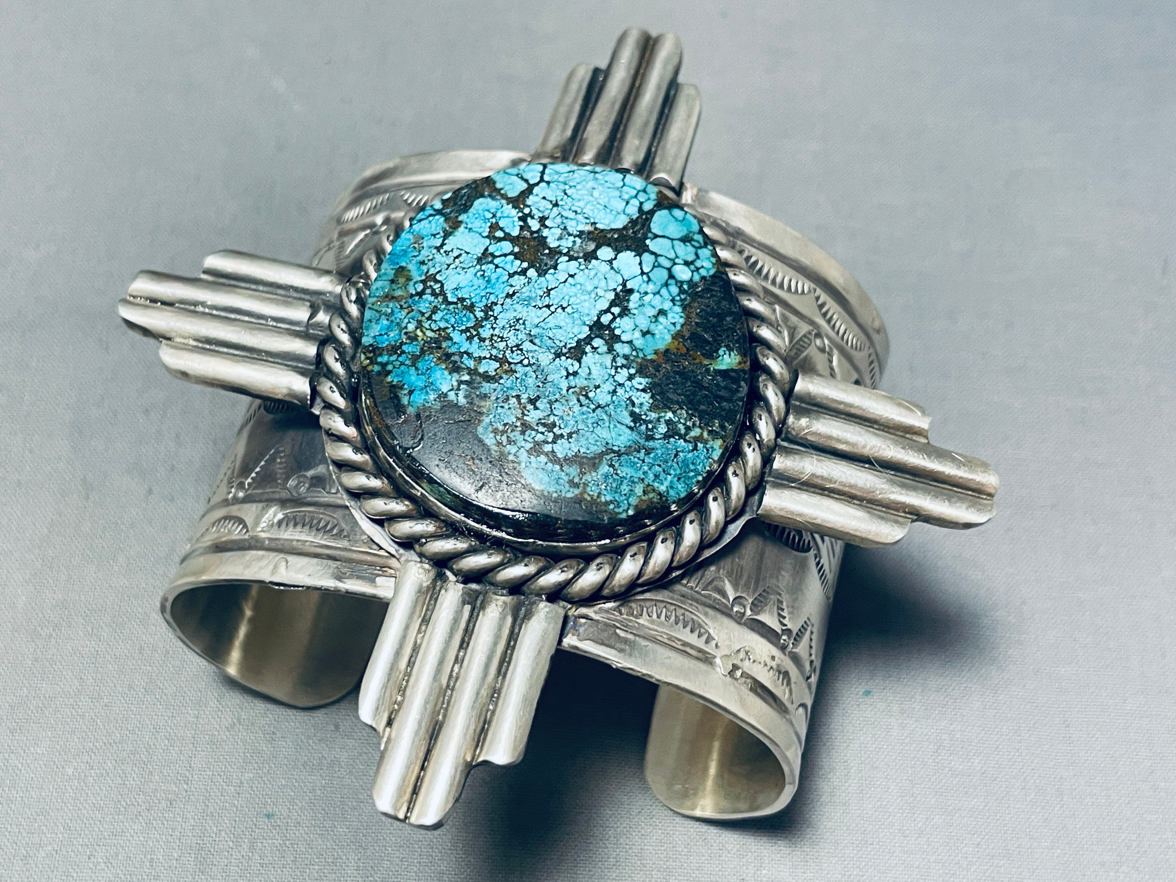 167g Rare Native American Navajo 8 Turquoise Sterling Silver Zia Bracelet - Handmade Southwest Jewelry for Women, Boho Fashion Accessory, Spiritual Gift for Healing & Protection