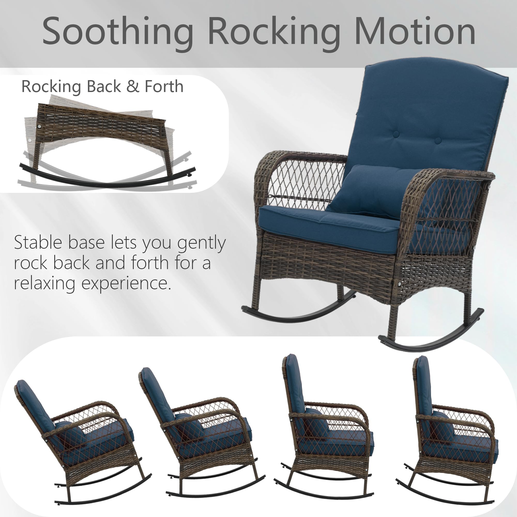 Outdoor Wicker Rocking Chairs Set of 3 with Cushions & Side Table - Patio Furniture Rattan Rocker Chairs for Garden, Porch, Lawn, Balcony (Blue) - Perfect for Relaxing, Lounging & Outdoor Entertaining