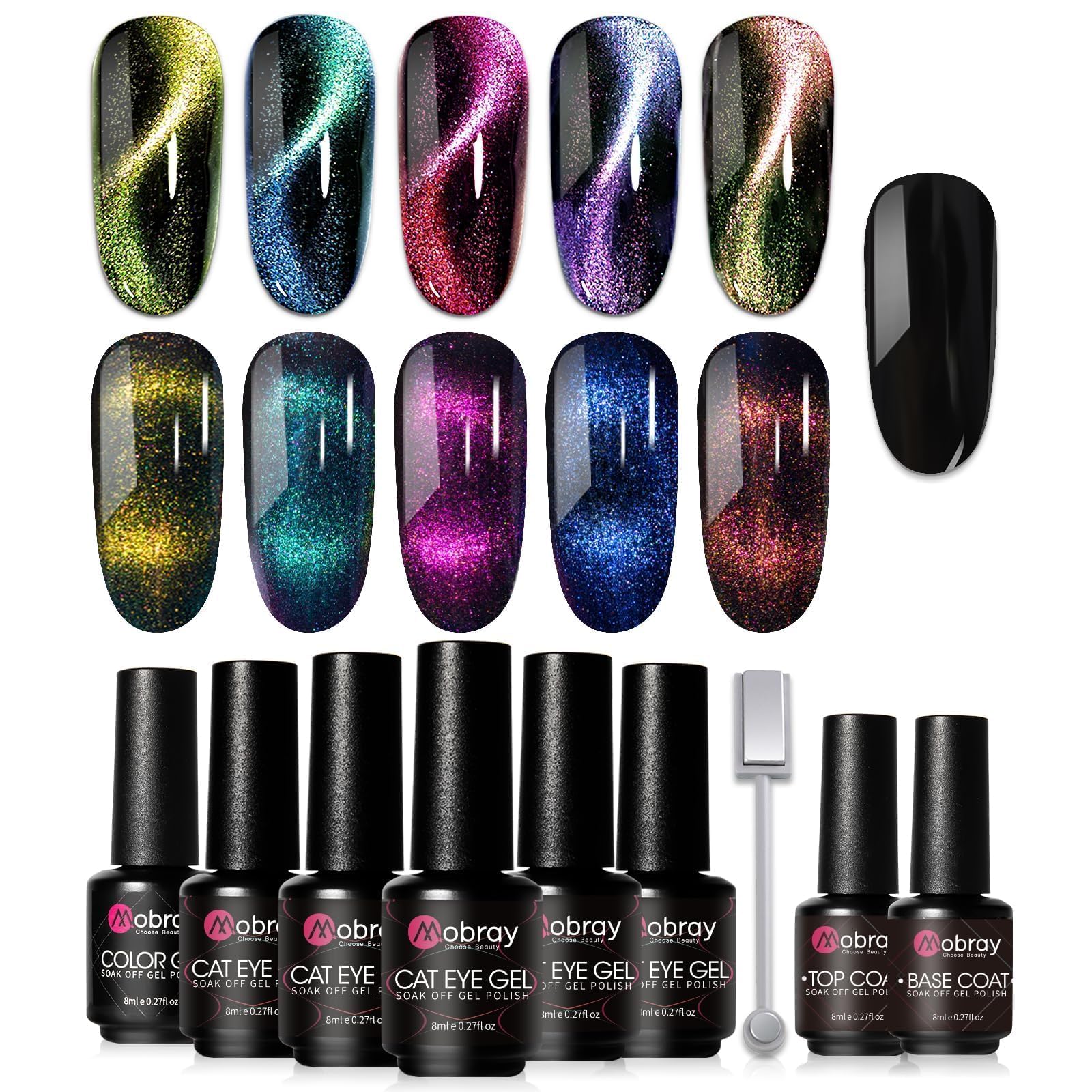Mobray 9Pcs 9D Cat Eye Gel Nail Polish Set - Professional Salon Kit, Soak Off UV LED Nail Polish for DIY Nail Art, All Seasons Long Lasting Manicure - Perfect for Home Use, Gifts & Special Occasions