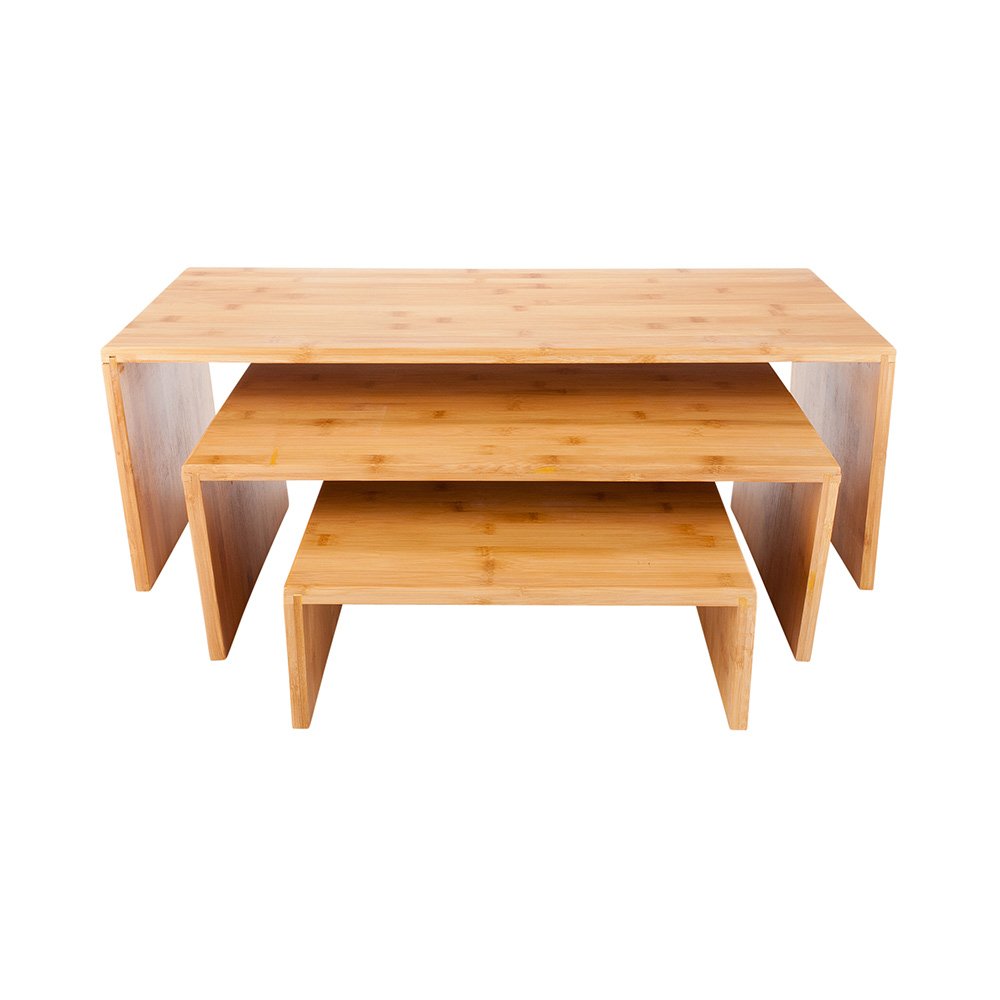 Restaurantware 12 x 24 x 8 Inch Wooden Shelf Riser - 3-Tier Durable Display Stand for Themed Parties, Birthday Events, Restaurants & Catering | Perfect for Buffet Serving, Dessert Displays & Retail Merchandising