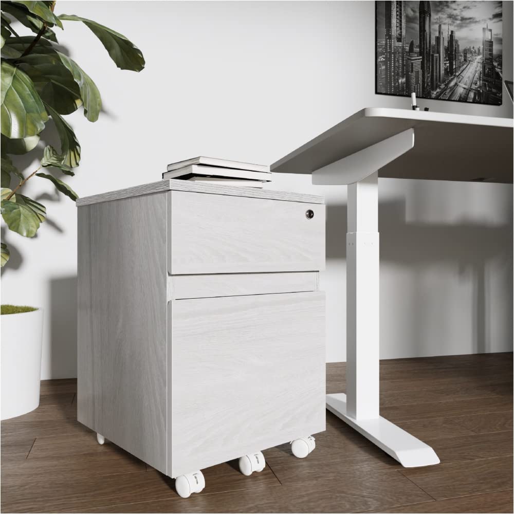 HuaZo Home Office Desk with Rolling Two-Drawer Vertical Filing Cabinet - Lockable Storage Cabinet in Grey for Office Organization & Small Space Efficiency