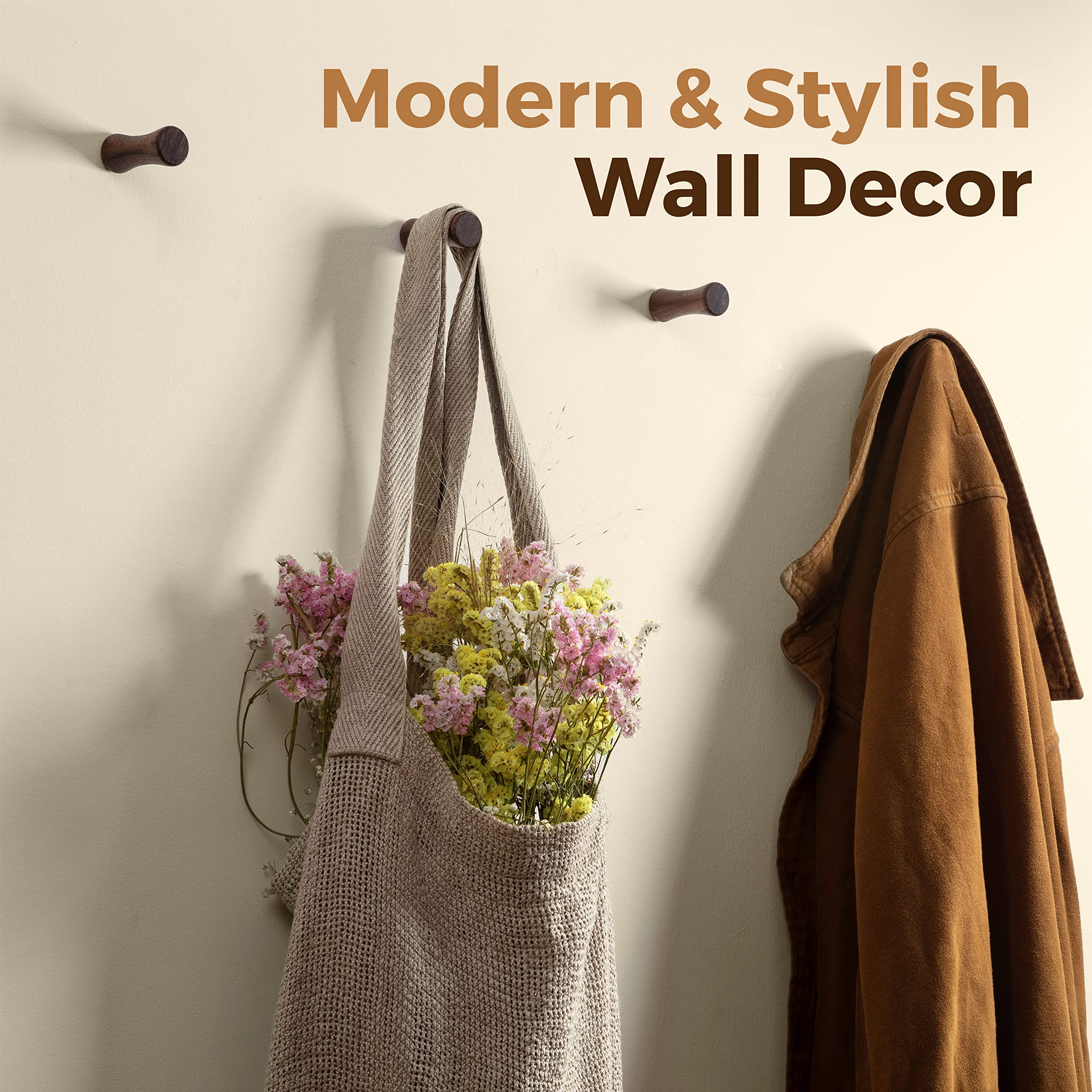 Handmade Walnut Wood Wall Hooks - 4 Pack Decorative Coat Hooks for Hanging Hats, Towels & Jackets - Rustic Bathroom & Entryway Wall Mounted Organizer - Natural Wooden Hooks for Home Decor