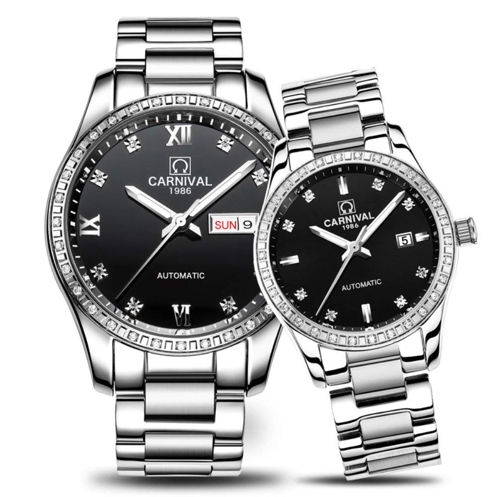 MASTOP Luxury Couple Watches Set - Automatic Mechanical Watch for Men & Women with Rhinestone Bezel - Perfect for Anniversaries, Weddings & Romantic Gifts