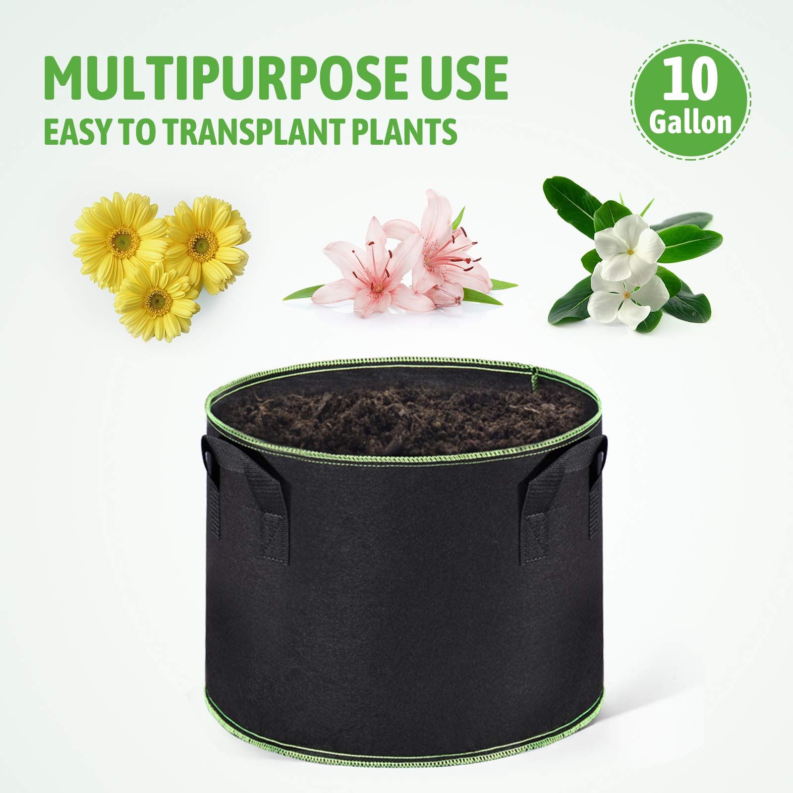 Delxo 10-Pack 10 Gallon Heavy Duty Grow Bags for Plants - Thickened Nonwoven Fabric Pots with Handles & Aeration - Perfect for Vegetables, Fruits, Flowers & Indoor/Outdoor Gardening