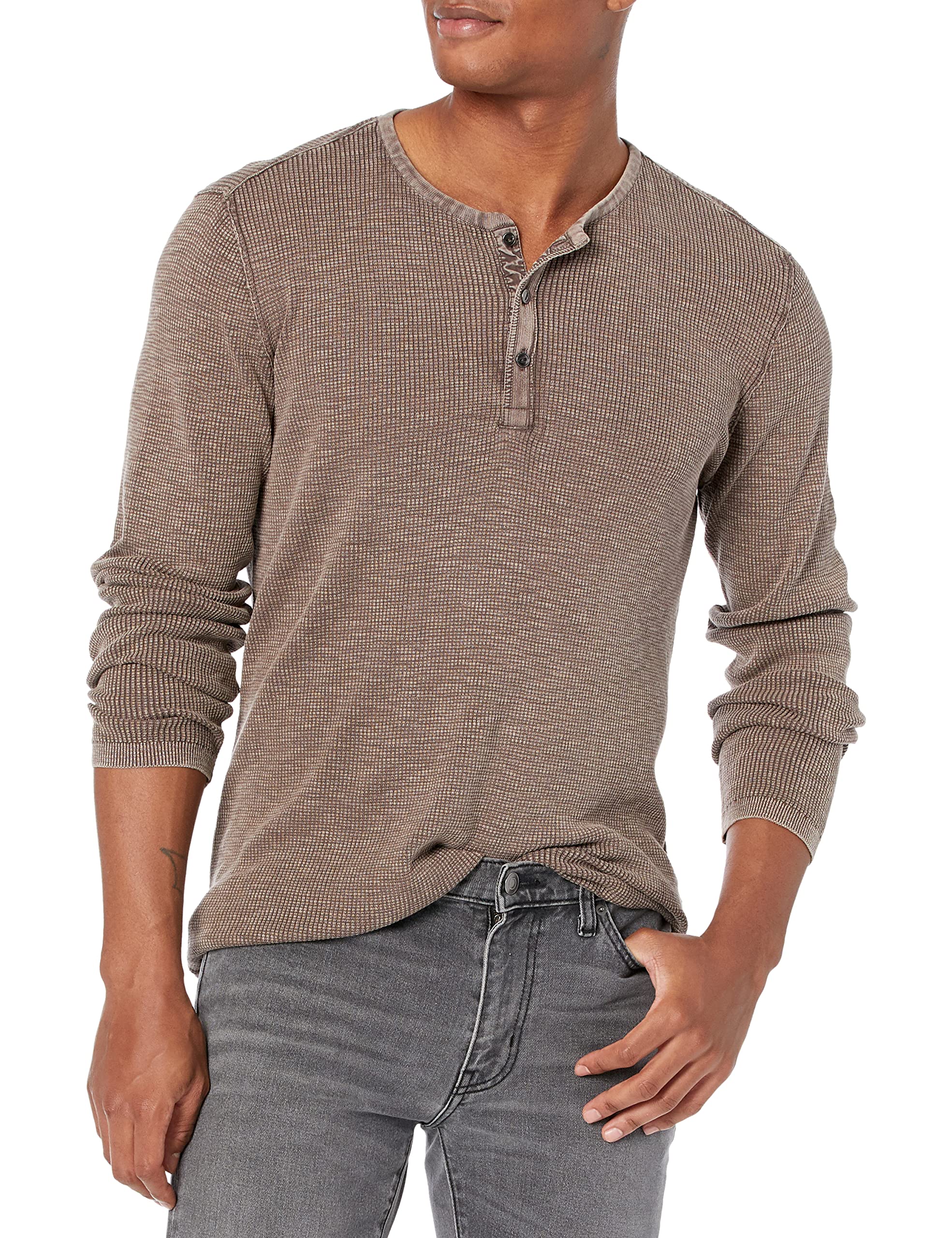 John Varvatos Men's Nashville Waffle Henley Shirt - Fadeaway Wash Distressed Cotton Tee | Casual & Layered Outfits for Everyday Wear