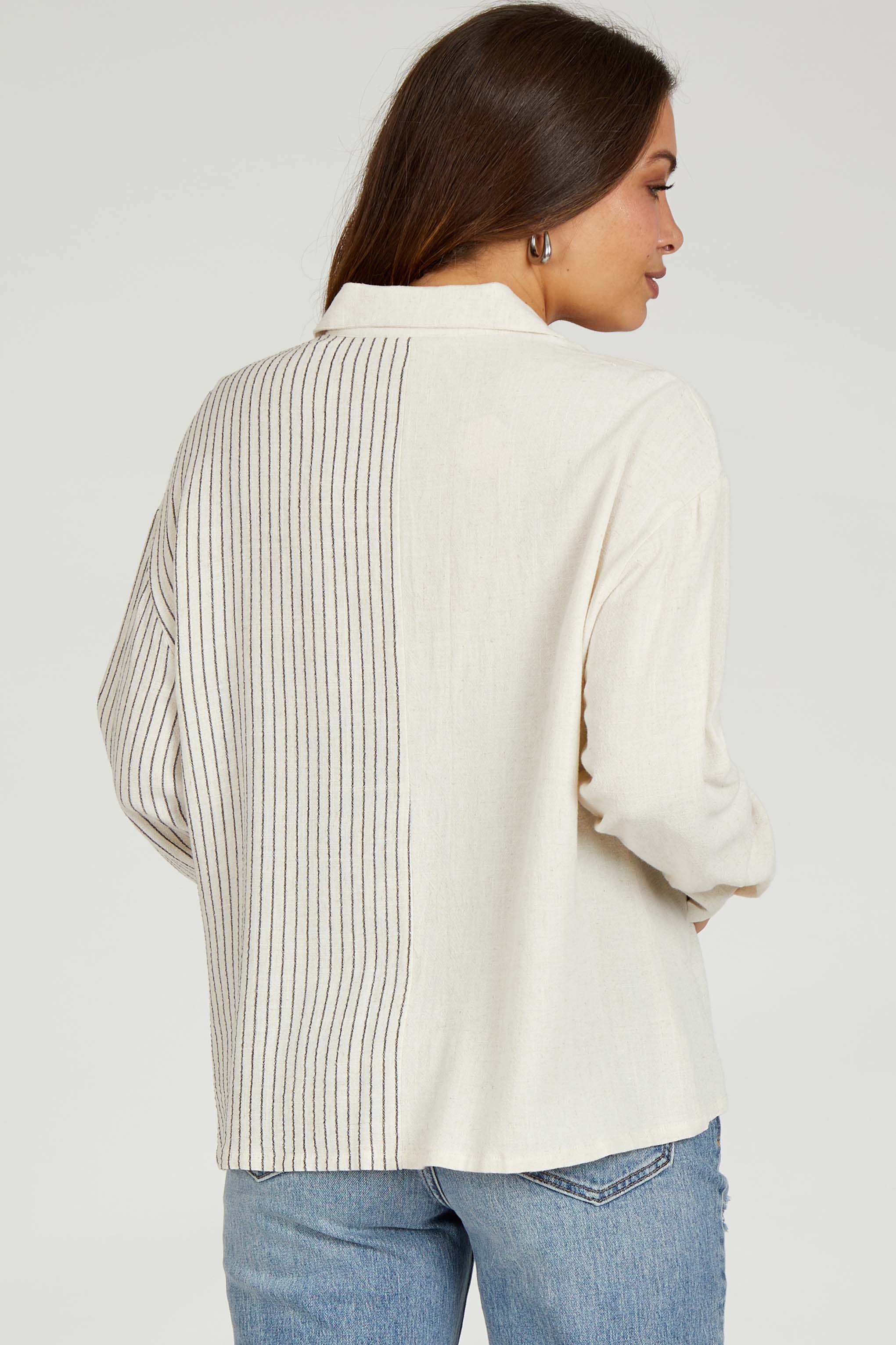 Beige Half Stripe Button Down Maternity Top - Comfortable Pregnancy Shirt for Women | Perfect for Office, Casual Wear & Maternity Photos