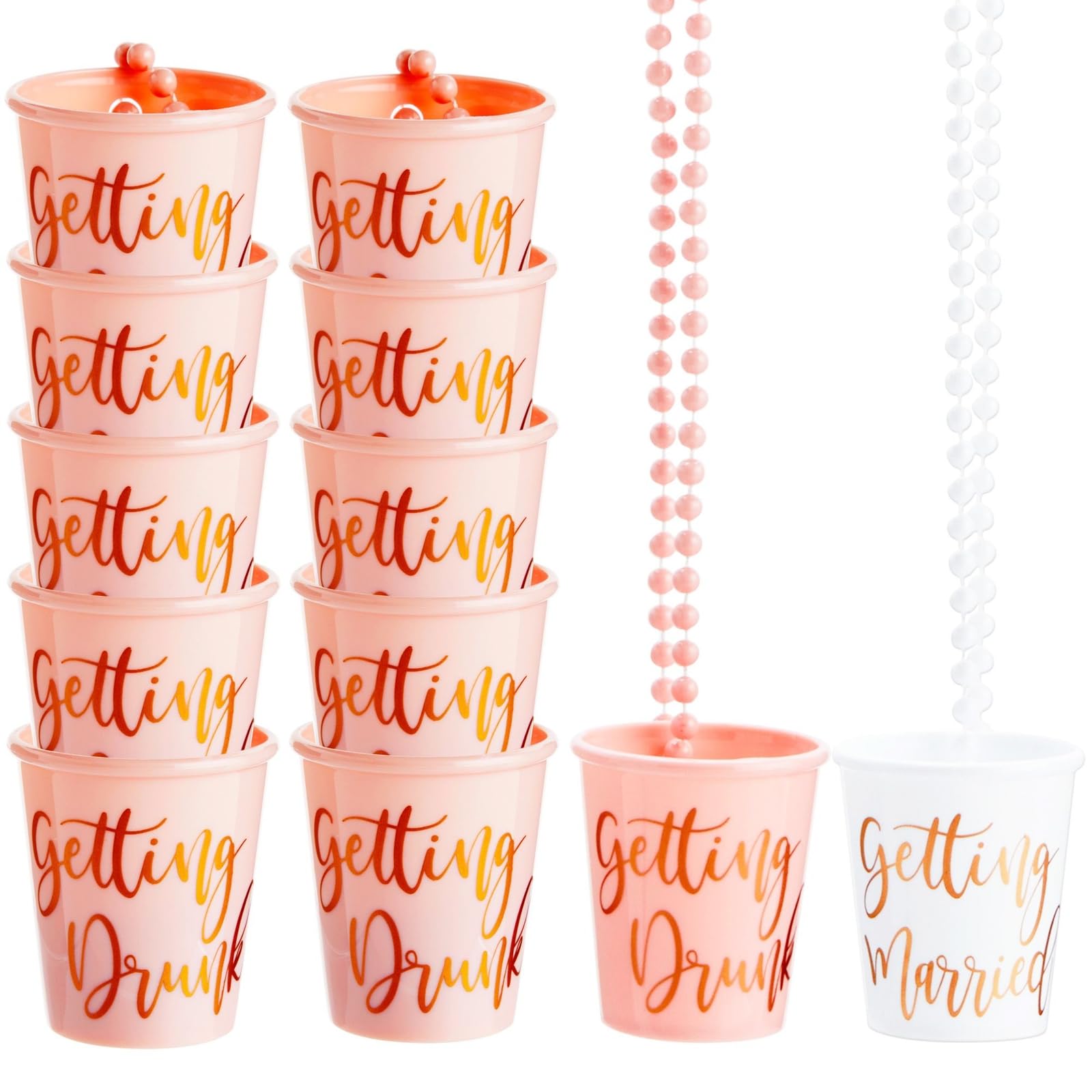 Sparkle and Bash Set of 12 Beaded Bachelorette Shot Glass Necklaces - White Bride & Pink Bridesmaids Cups with Gold Foil Design - Perfect for Bridal Showers, Bachelorette Parties & Wedding Celebrations