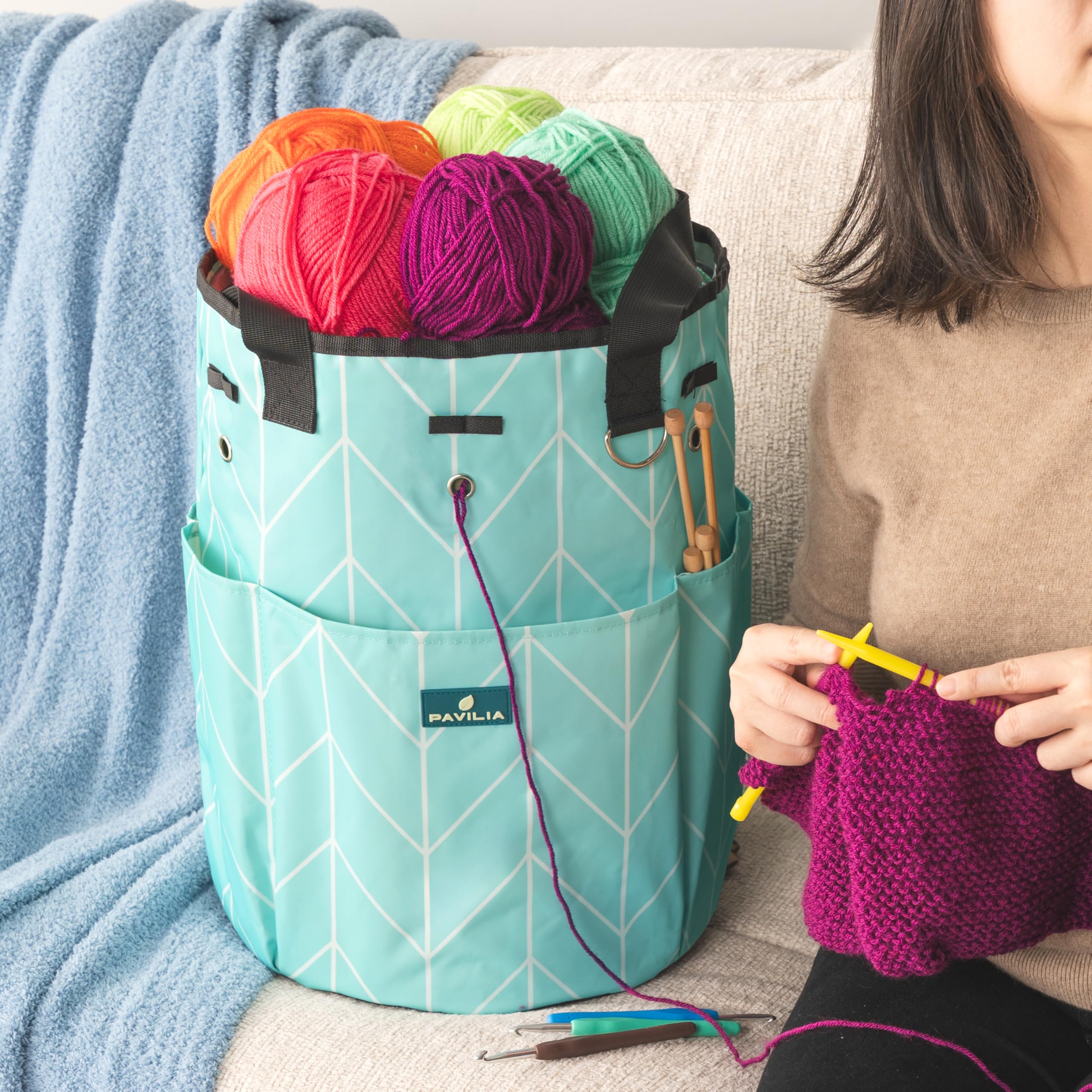 PAVILIA Crochet Yarn Bag Organizer with Grommets - Portable Knitting Storage for Crafters On The Go - Chevron Teal - Perfect Gift for Knitters & Crochet Lovers