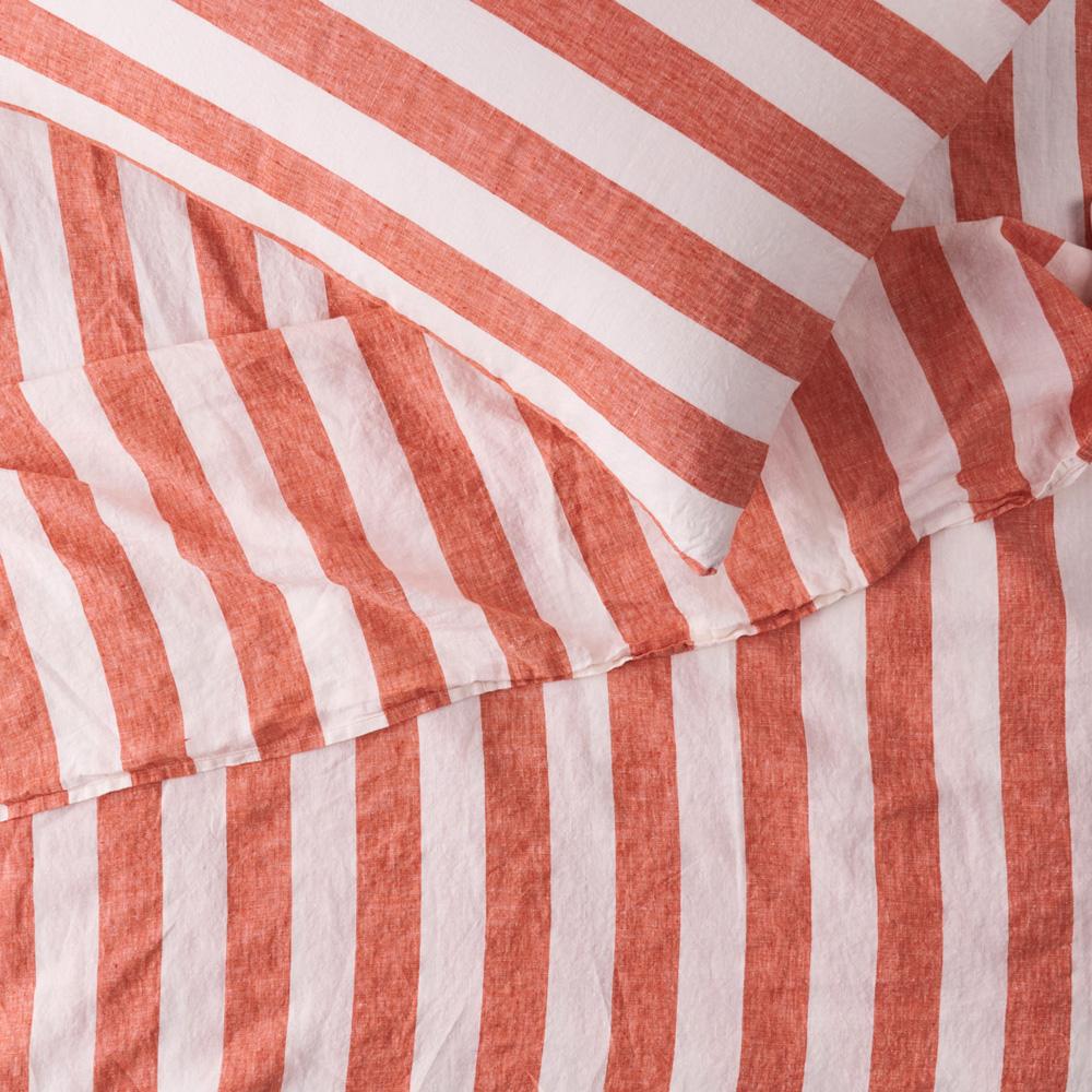 Premium 100% Linen Fitted Sheet with Cherry Stripe Design - Soft, Breathable & Wrinkle-Resistant Bedding for Comfortable Sleep - Perfect for Master Bedroom, Guest Room & Vacation Homes
