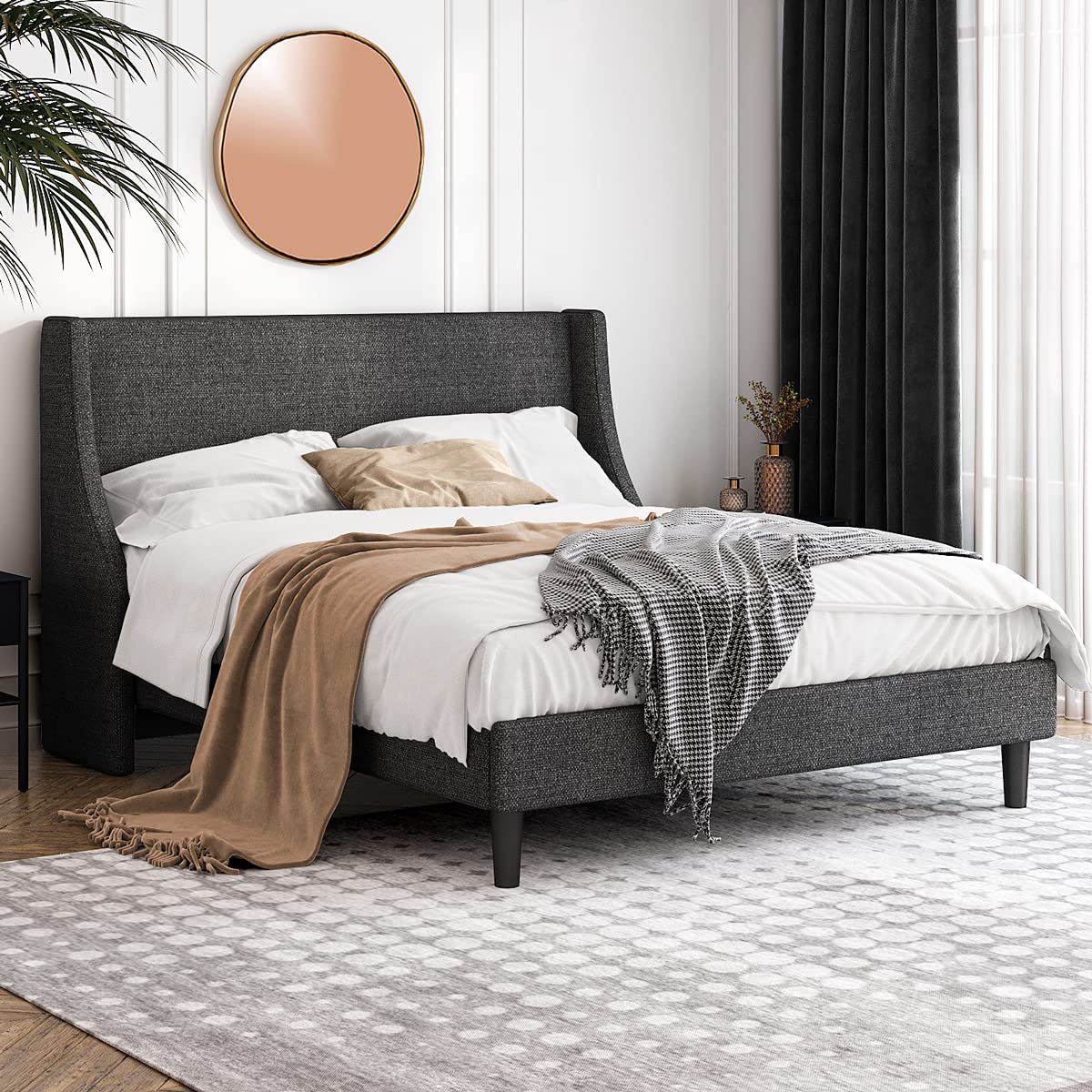 Full Size Platform Bed Frame with Wingback Headboard - Upholstered Fabric Mattress Foundation with Wooden Slat Support, Dark Grey - Modern Bedroom Furniture for Small Spaces & Guest Rooms