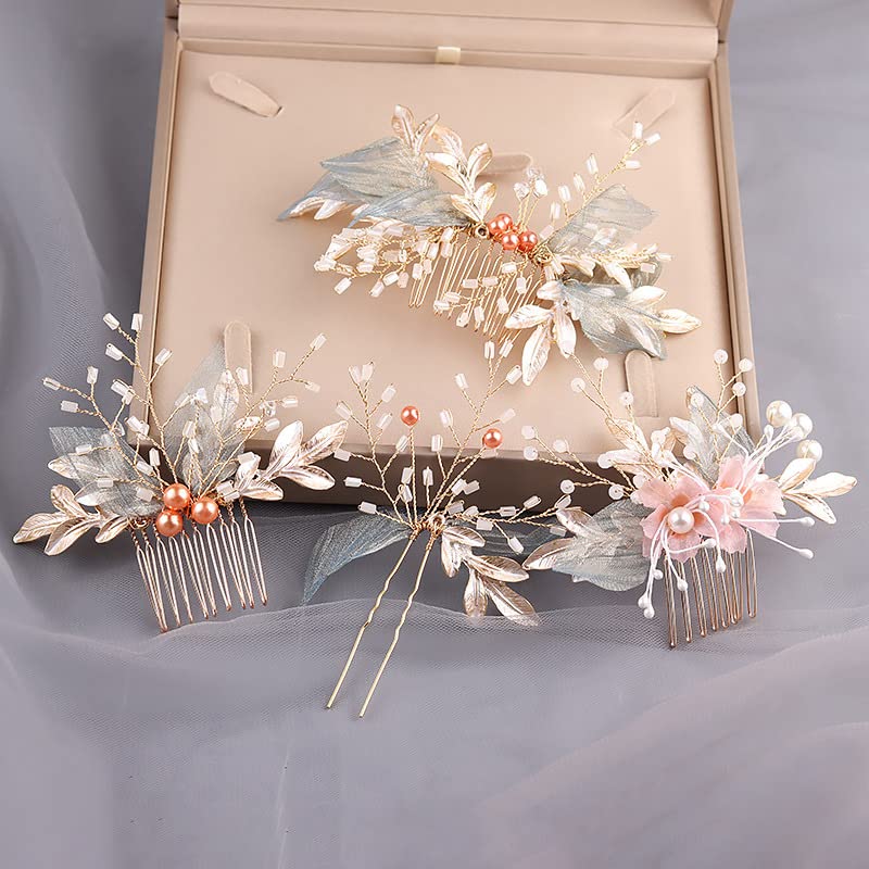 Golden Silver Pearl Wedding Hair Clips - Bridal Hair Accessories with Flower Leaves for Women - Perfect for Bridal Shower, Wedding Ceremony & Formal Events